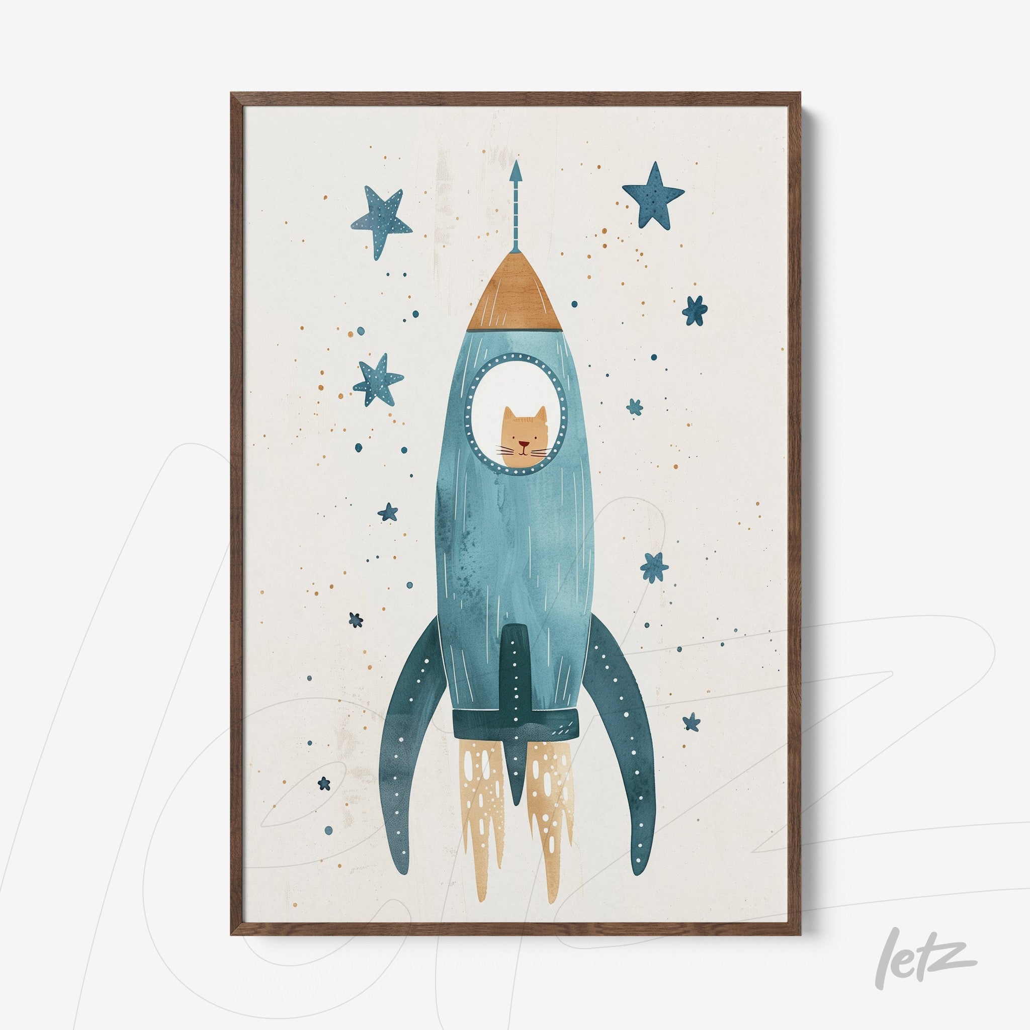 quadro com ilustração de foguete em tons de azul e marrom, representando um gato dentro do cockpit, cercado por estrelas sobre fundo claro