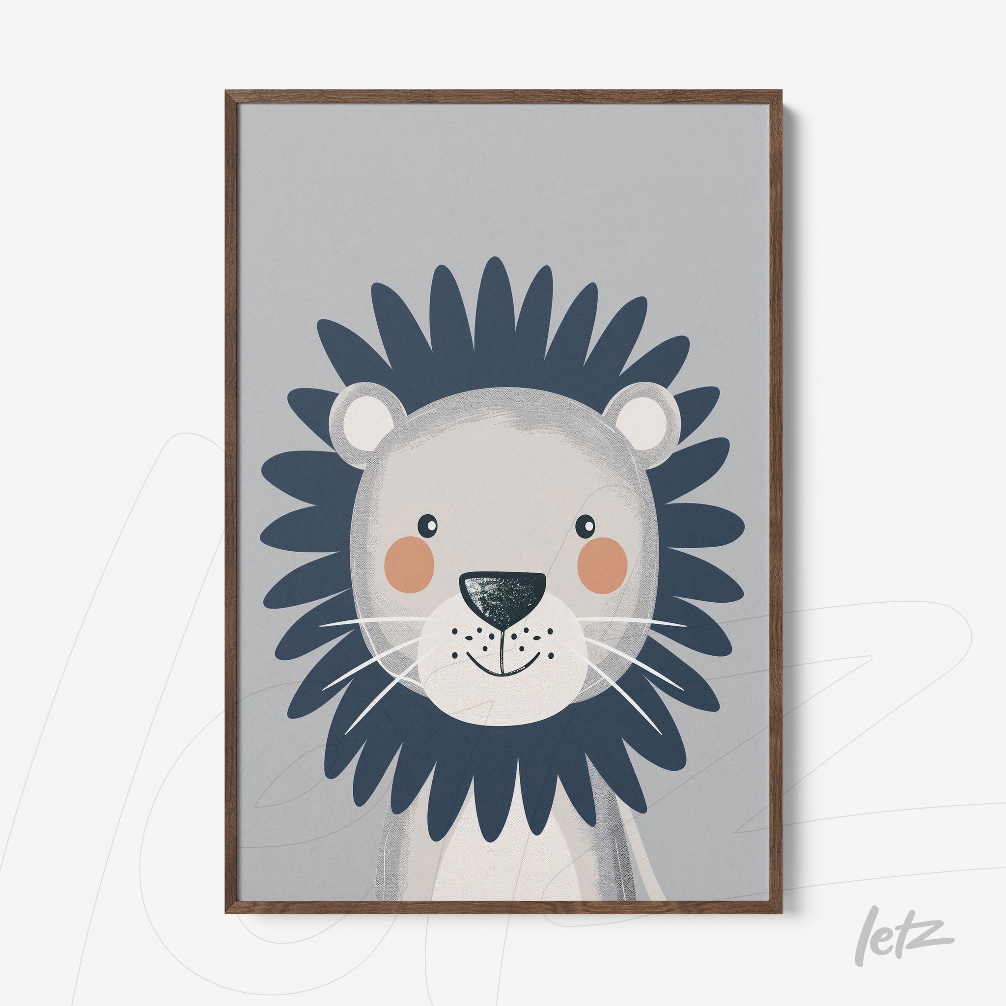 quadro com ilustração de leão fofinho em fundo cinza e moldura de madeira clara