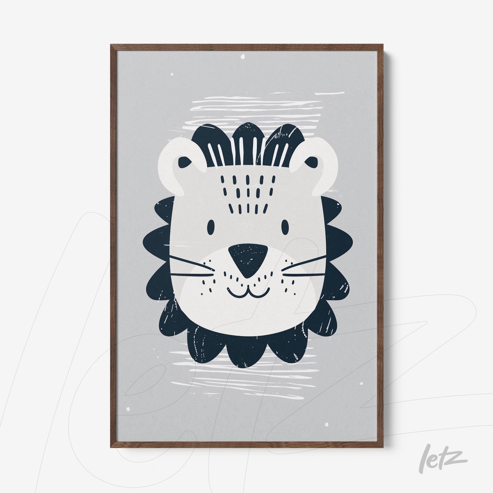 quadro com ilustração de leão em fundo cinza com moldura de madeira escura