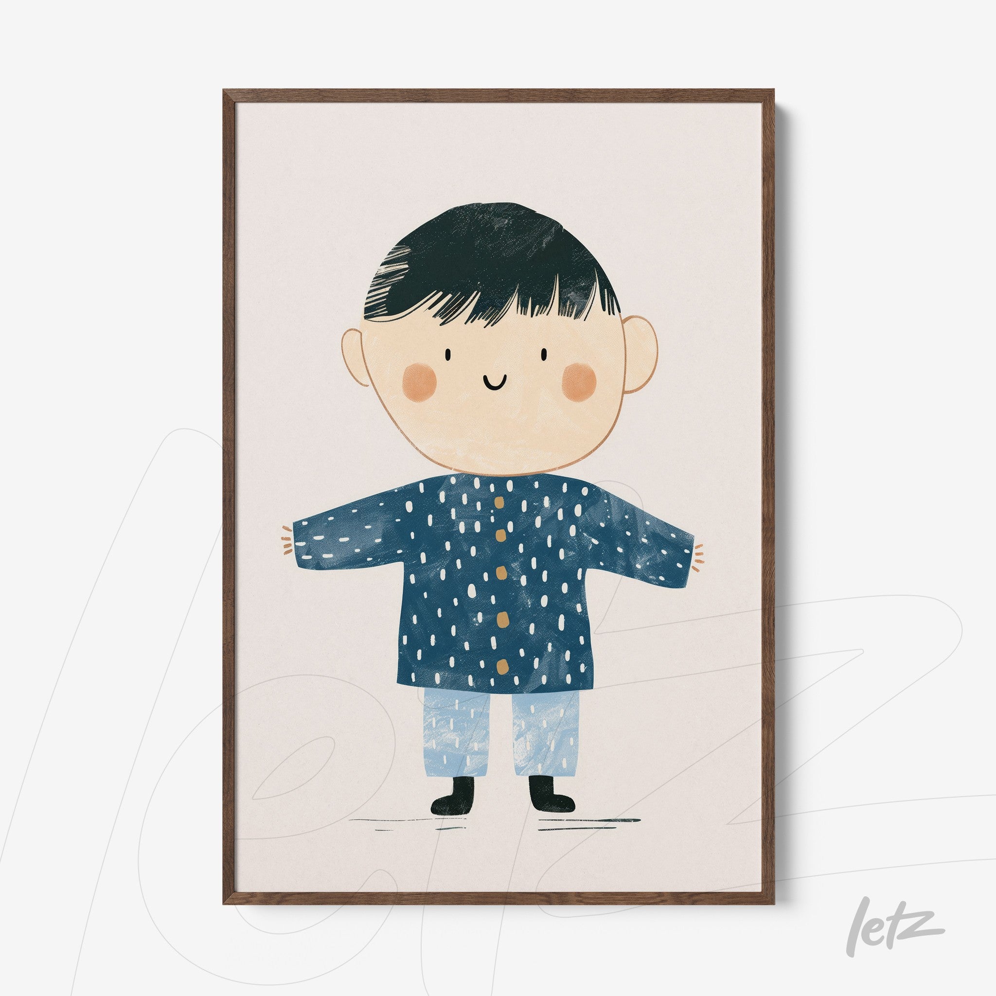 quadro com ilustração infantil de menino com blusa azul e fundo claro, em moldura de madeira escura