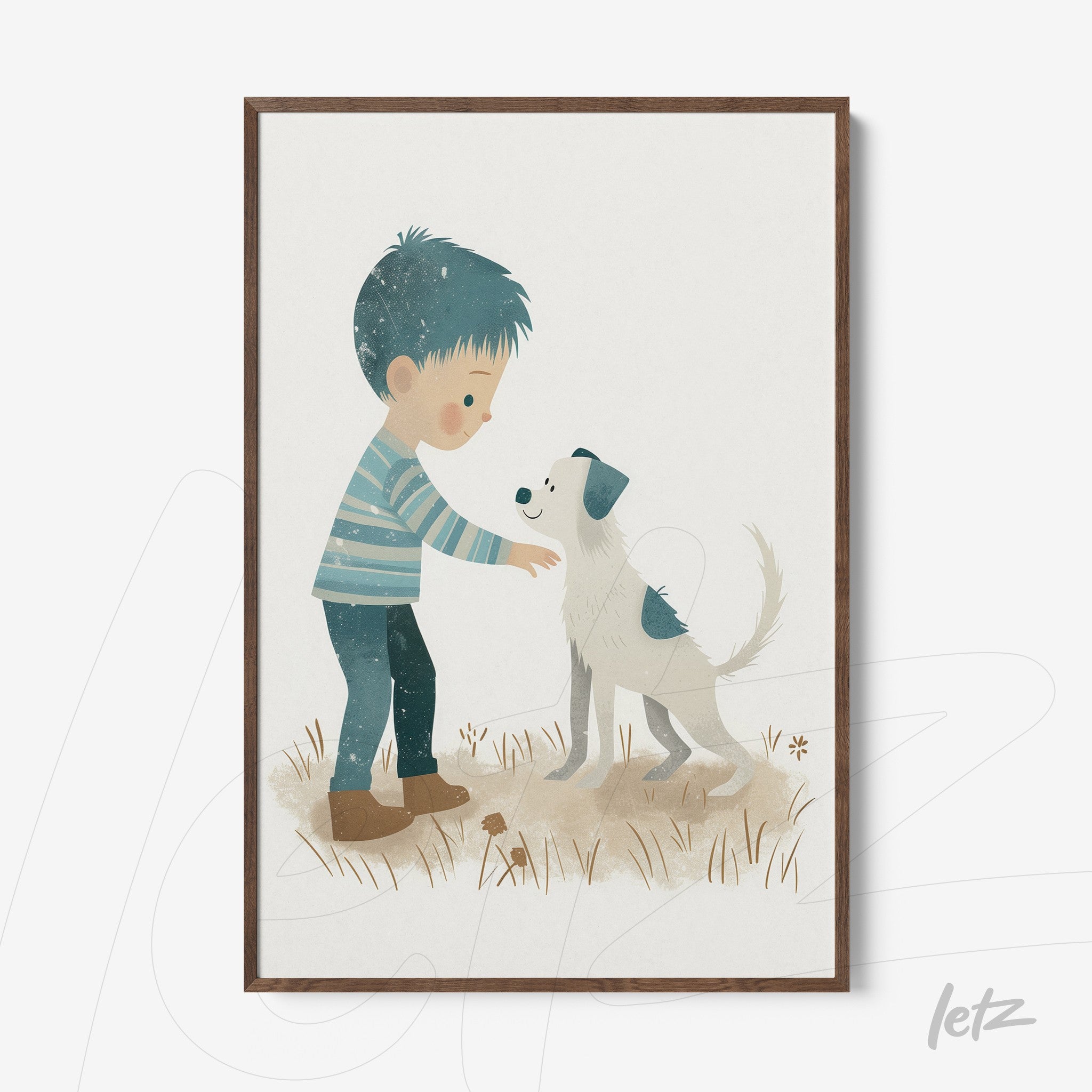 quadro com ilustração infantil de menino interagindo com cachorro, em moldura de madeira escura