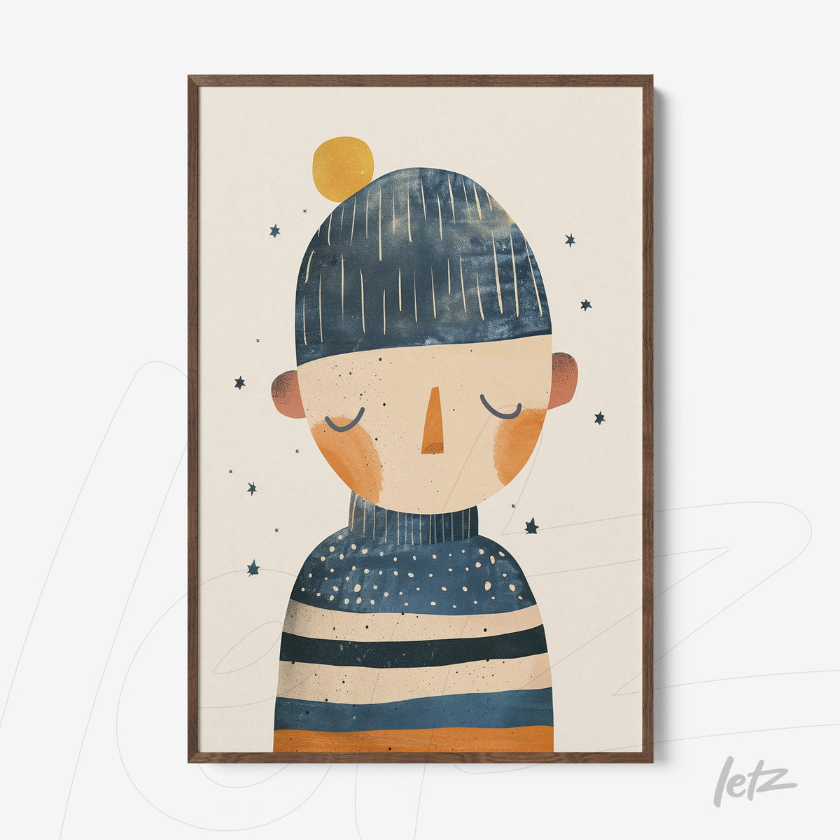 quadro ilustrativo de personagem com cabelo listrado e gorro azul, moldura de madeira escura