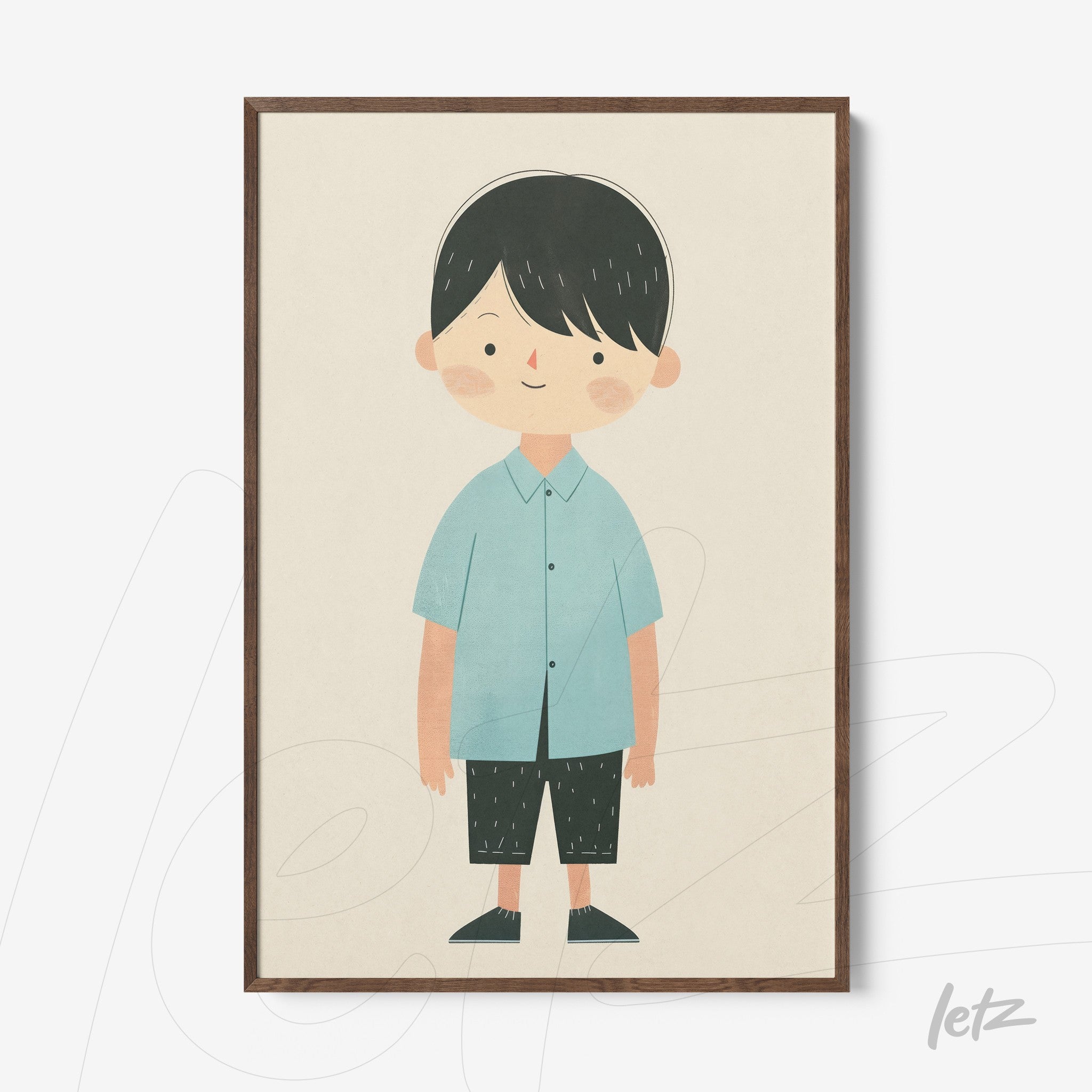 quadro com ilustração infantil de menino com camiseta azul, calças pretas e cabelo preto em moldura de madeira escura