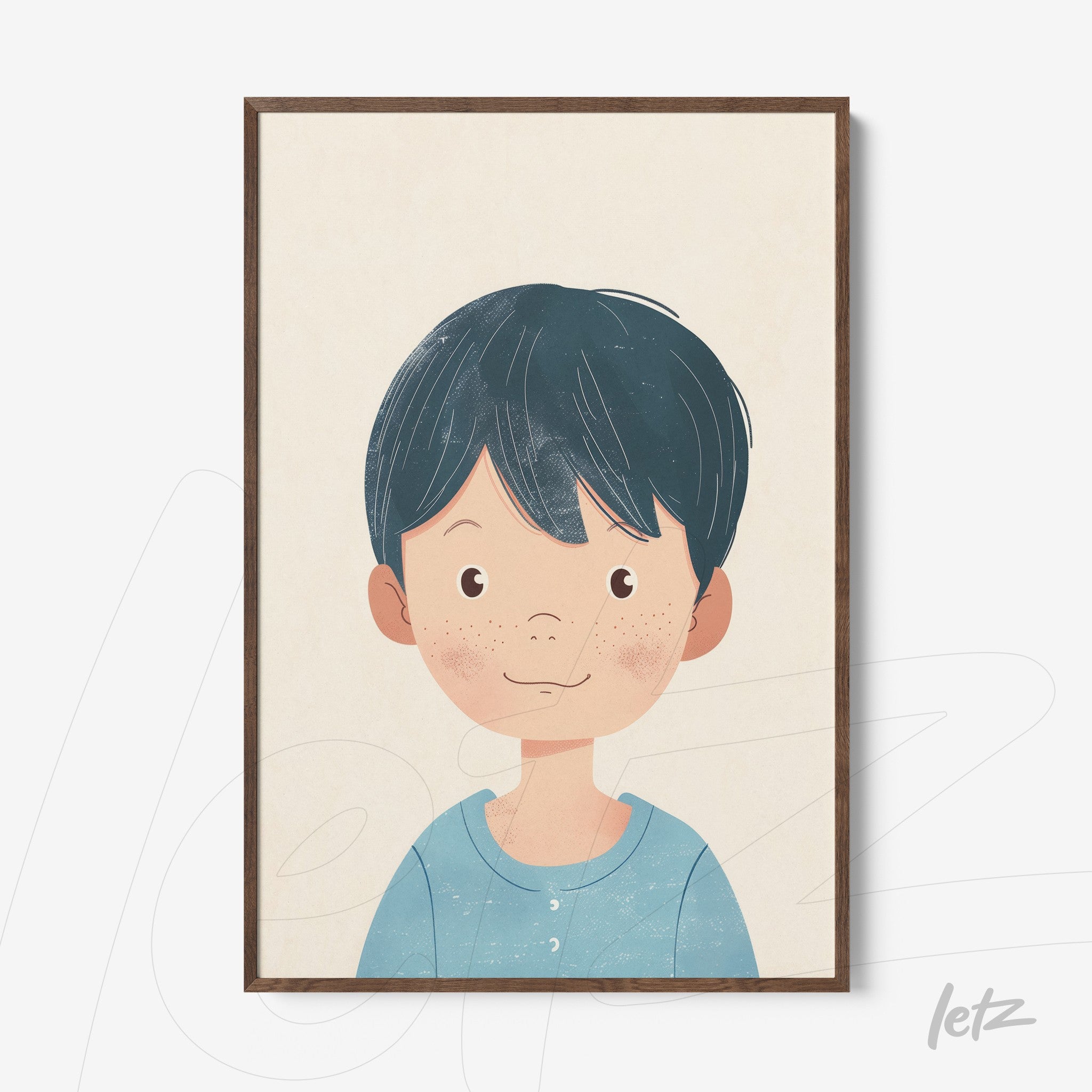 quadro com ilustração da cabeça de uma criança sorridente com cabelo azul escuro em moldura de madeira escura