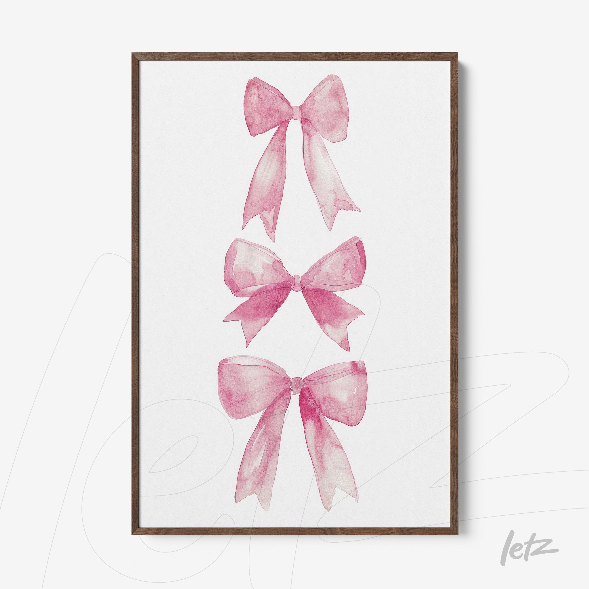 quadro em moldura de madeira com três laços rosa em aquarela sobre fundo branco