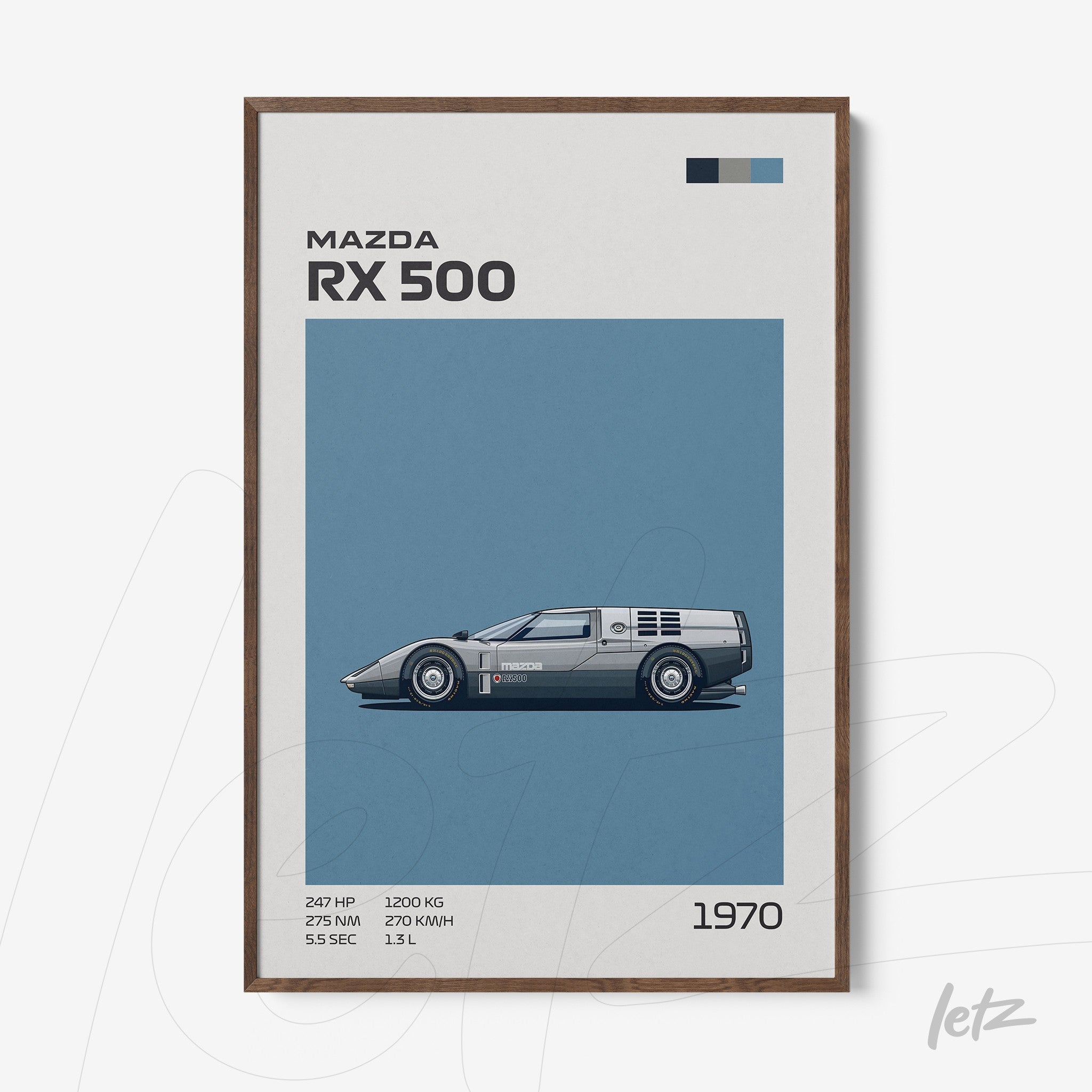 quadro com ilustração do carro Mazda RX 500 em fundo azul com moldura de madeira escura
