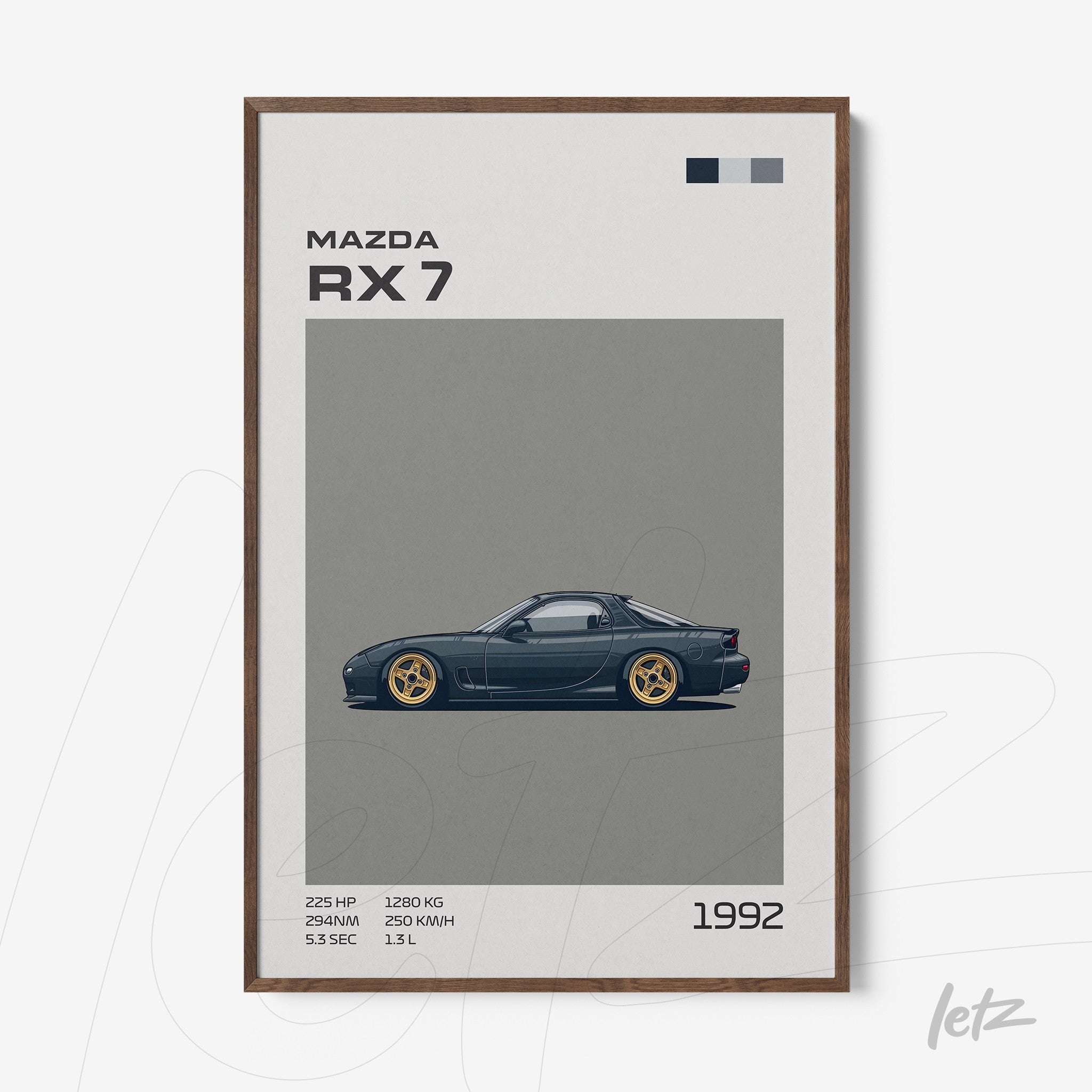 quadro com ilustração estilizada do carro Mazda RX 7 de 1992 em moldura de madeira escura
