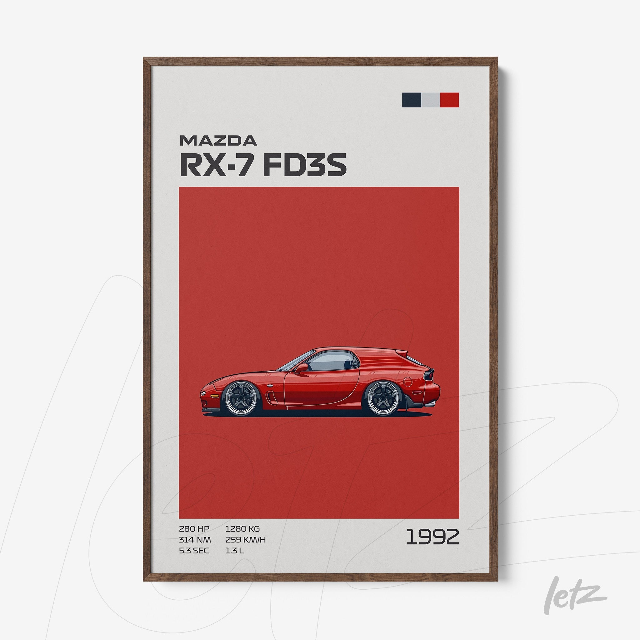 quadro com ilustração do carro Mazda RX-7 FD3S em fundo vermelho com moldura madeira escura