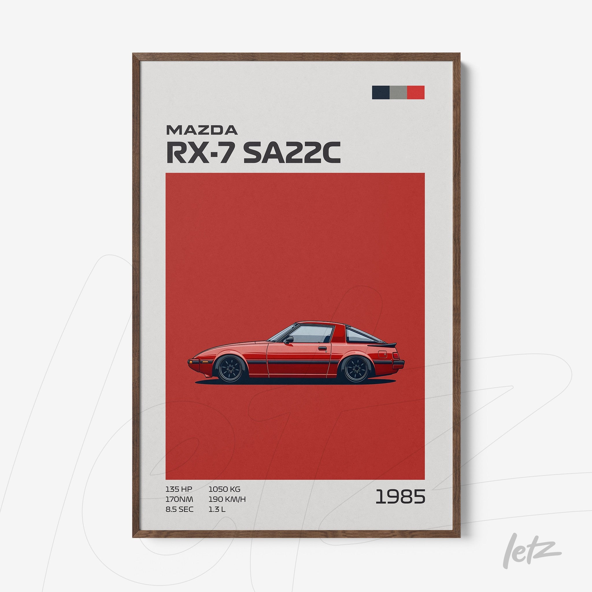 quadro com ilustração retrô do carro Mazda RX-7 SA22C em moldura de madeira escura, fundo vermelho com detalhes em branco e preto
