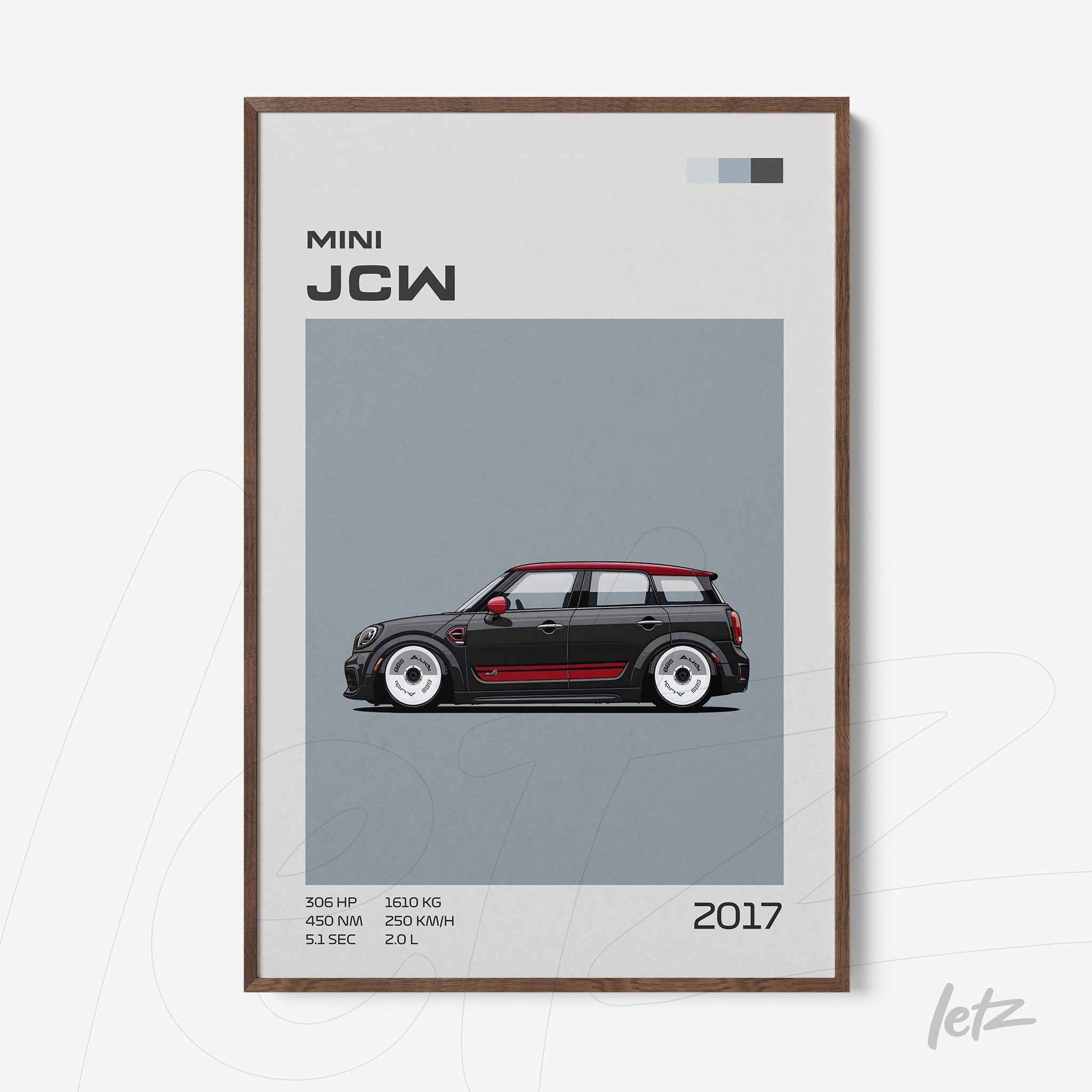 quadro com ilustração detalhada do carro Mini JCW 2017 em moldura de madeira escura