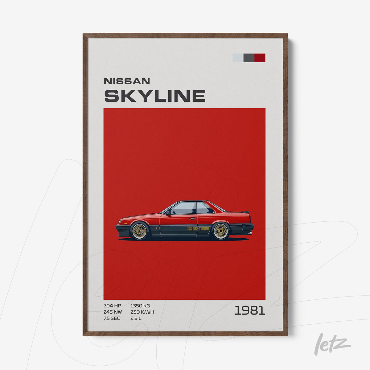 quadro com arte digital do carro Nissan Skyline de 1981 em moldura de madeira escura com fundo vermelho