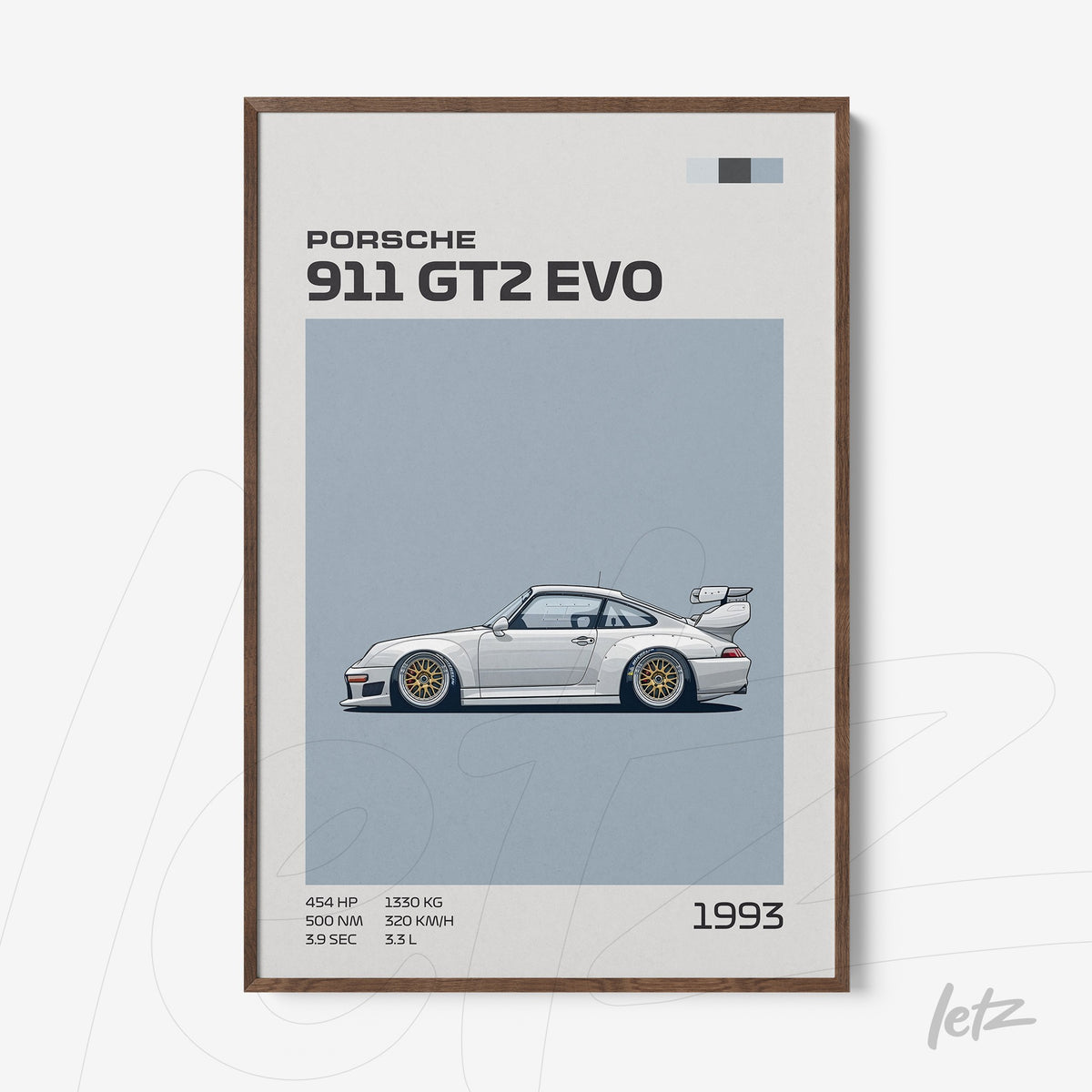quadro com arte de carro esportivo Porsche 911 GT2 EVO de 1993 em moldura de madeira clara