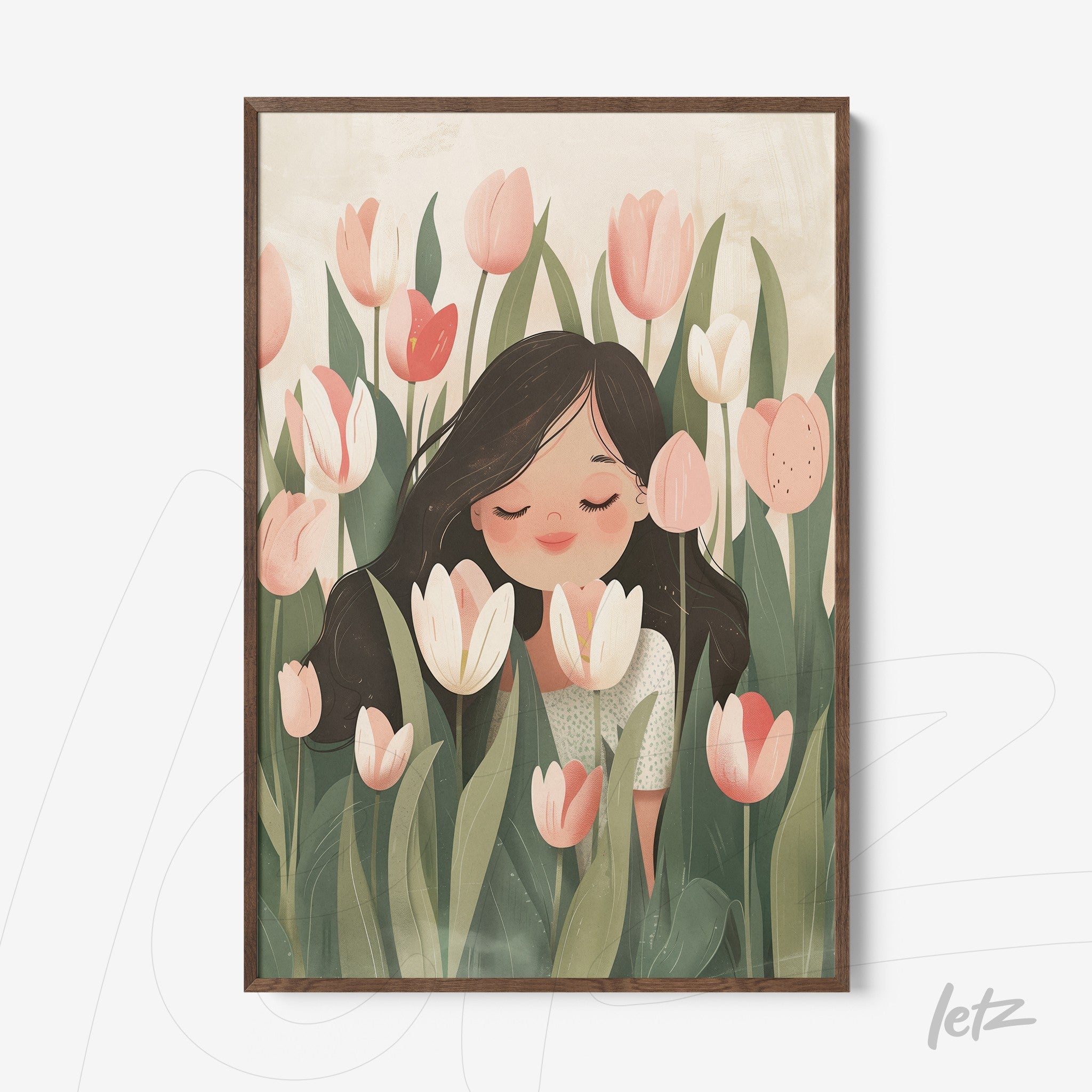 quadro com ilustração de mulher sorrindo rodeada por tulipas em um fundo suave com moldura de madeira escura