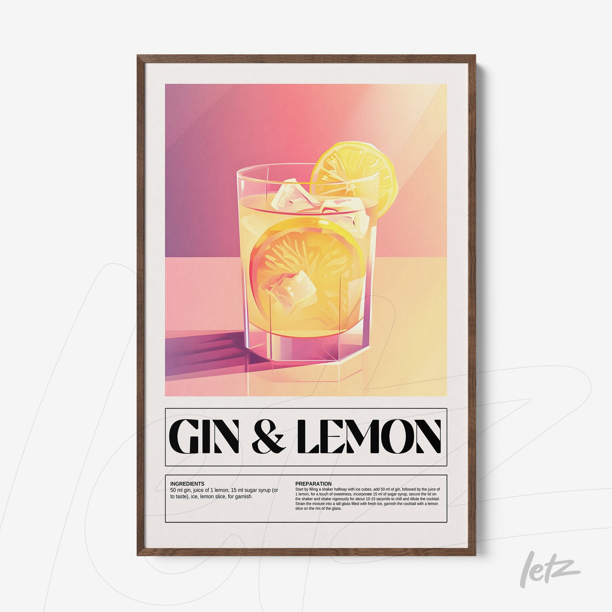 quadro com arte digital de drink gin com limão em moldura de madeira escura