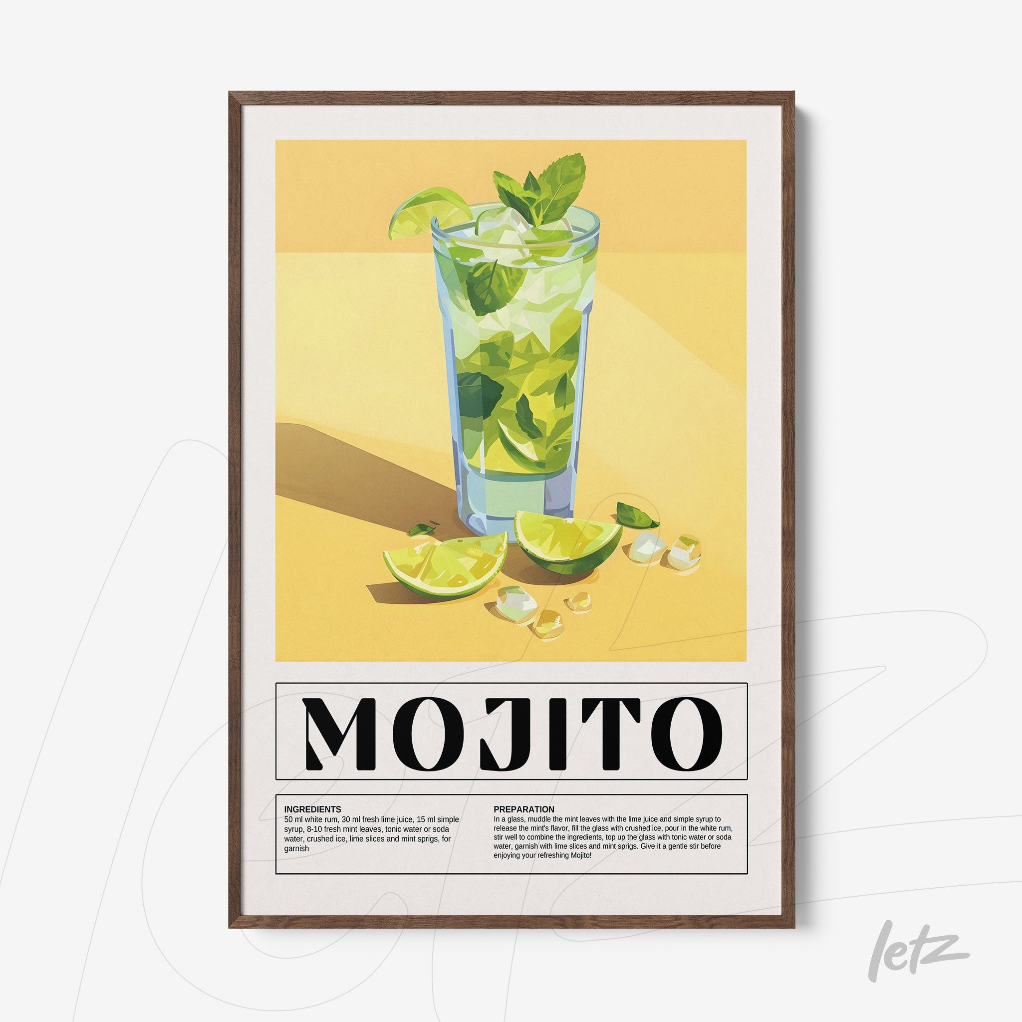 quadro com arte ilustrativa do drink mojito em moldura de madeira escura
