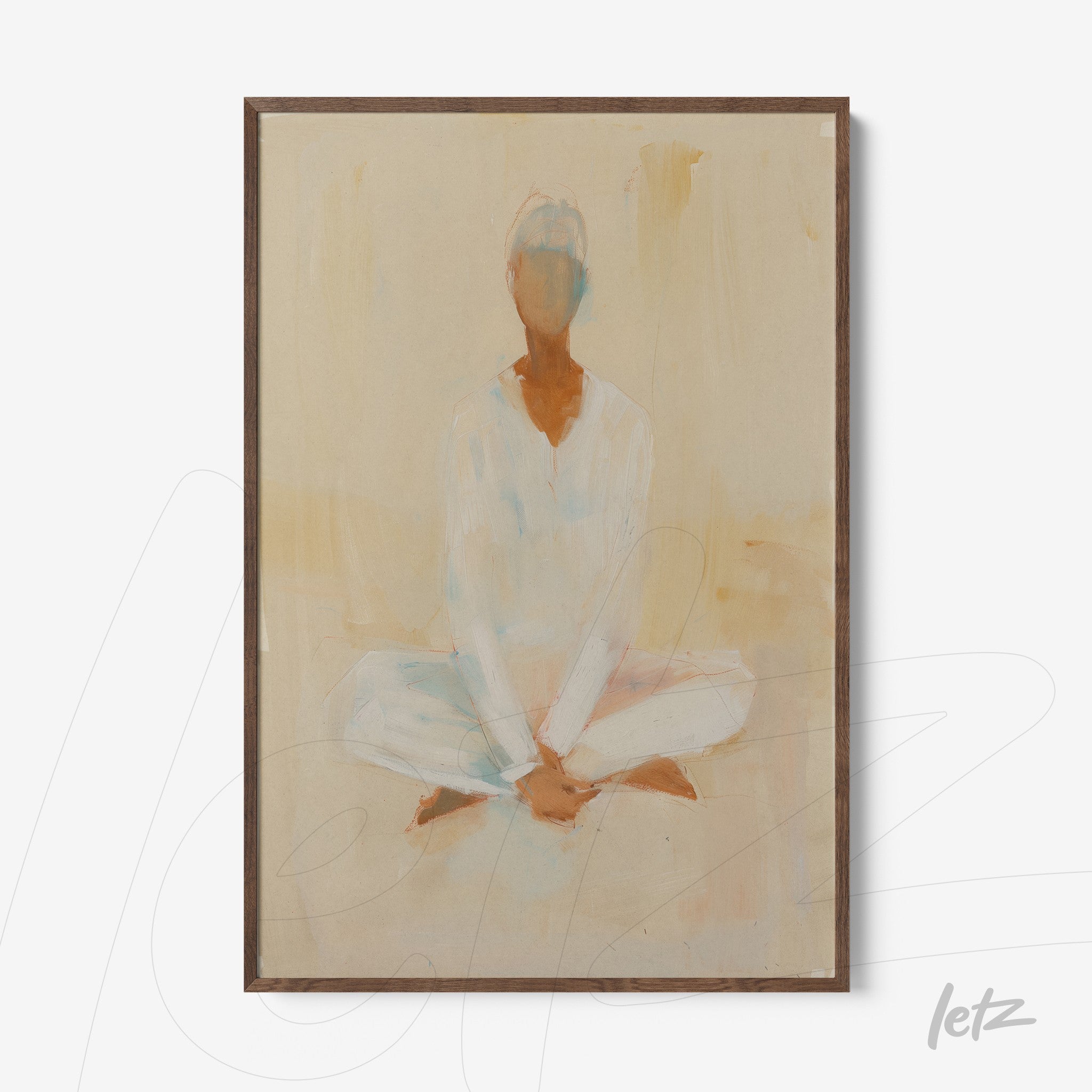 quadro com arte abstrata de figura meditando em tons suaves, moldura de madeira escura