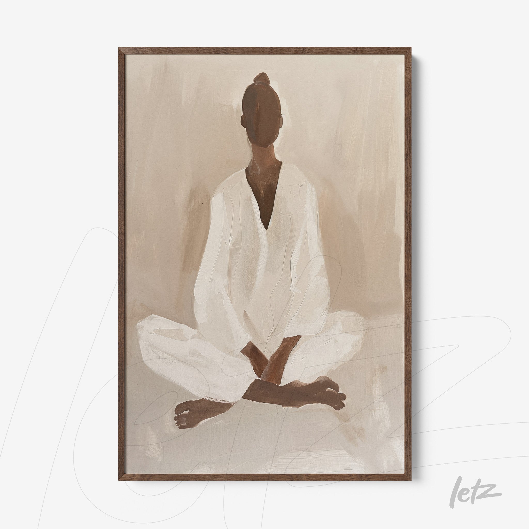 quadro com arte abstrata de figura meditando em tons terrosos, moldura de madeira escura