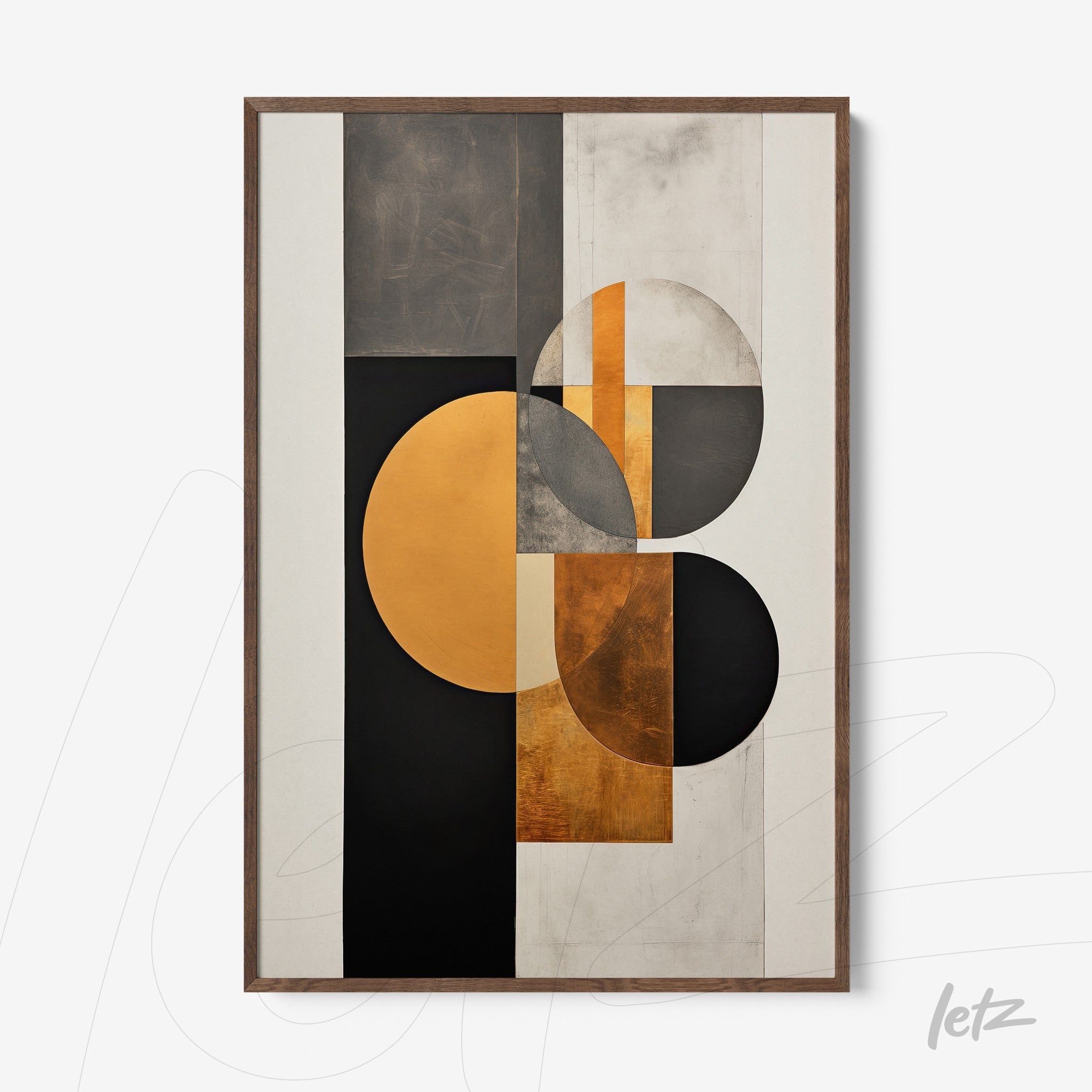 quadro com arte abstrata em tons de preto, cinza e dourado, destacando círculos e retângulos em uma moldura de madeira escura