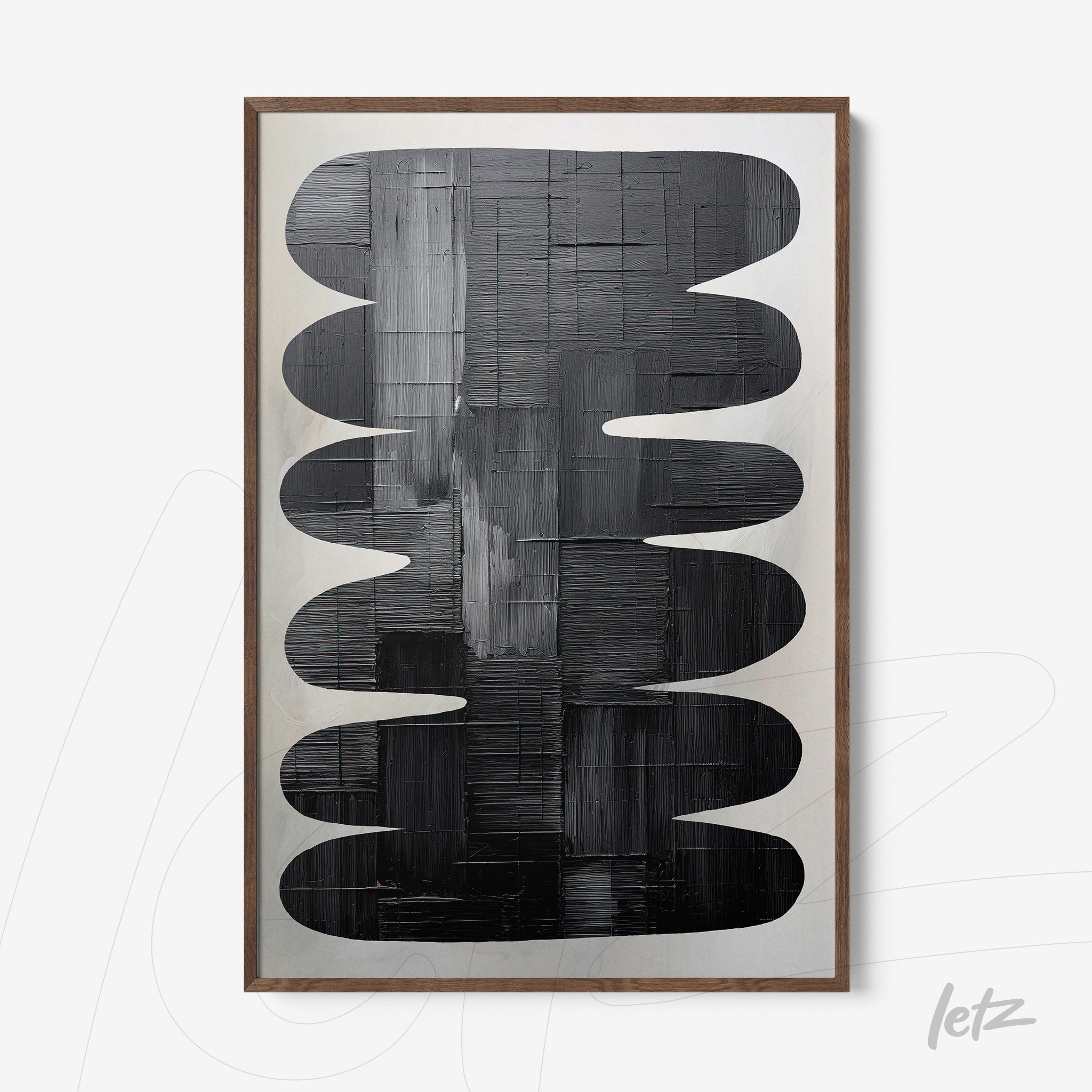 quadro com arte abstrata em tons de preto e branco em moldura de madeira clara