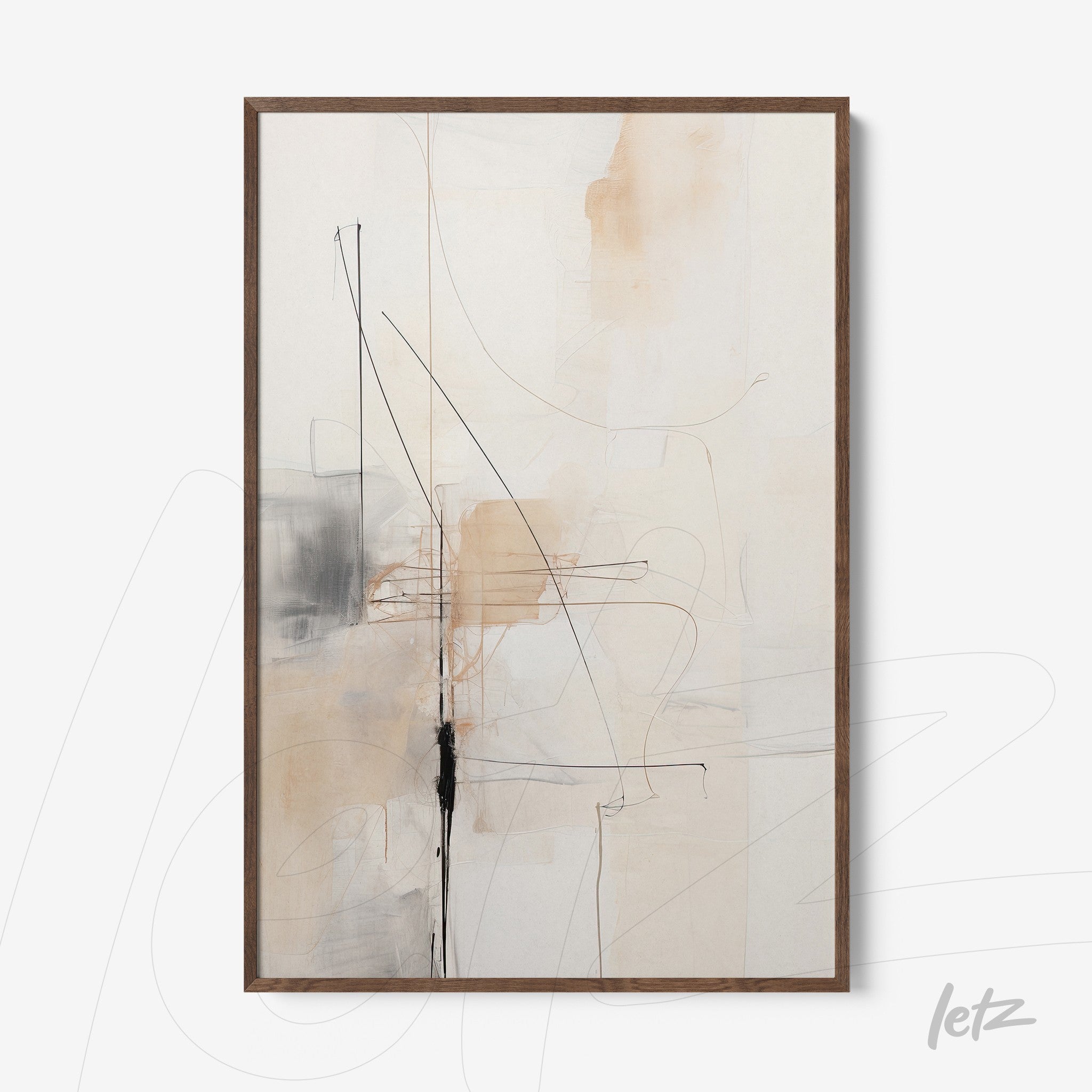 quadro com arte abstrata em tons neutros, com traços pretos e moldura de madeira escura