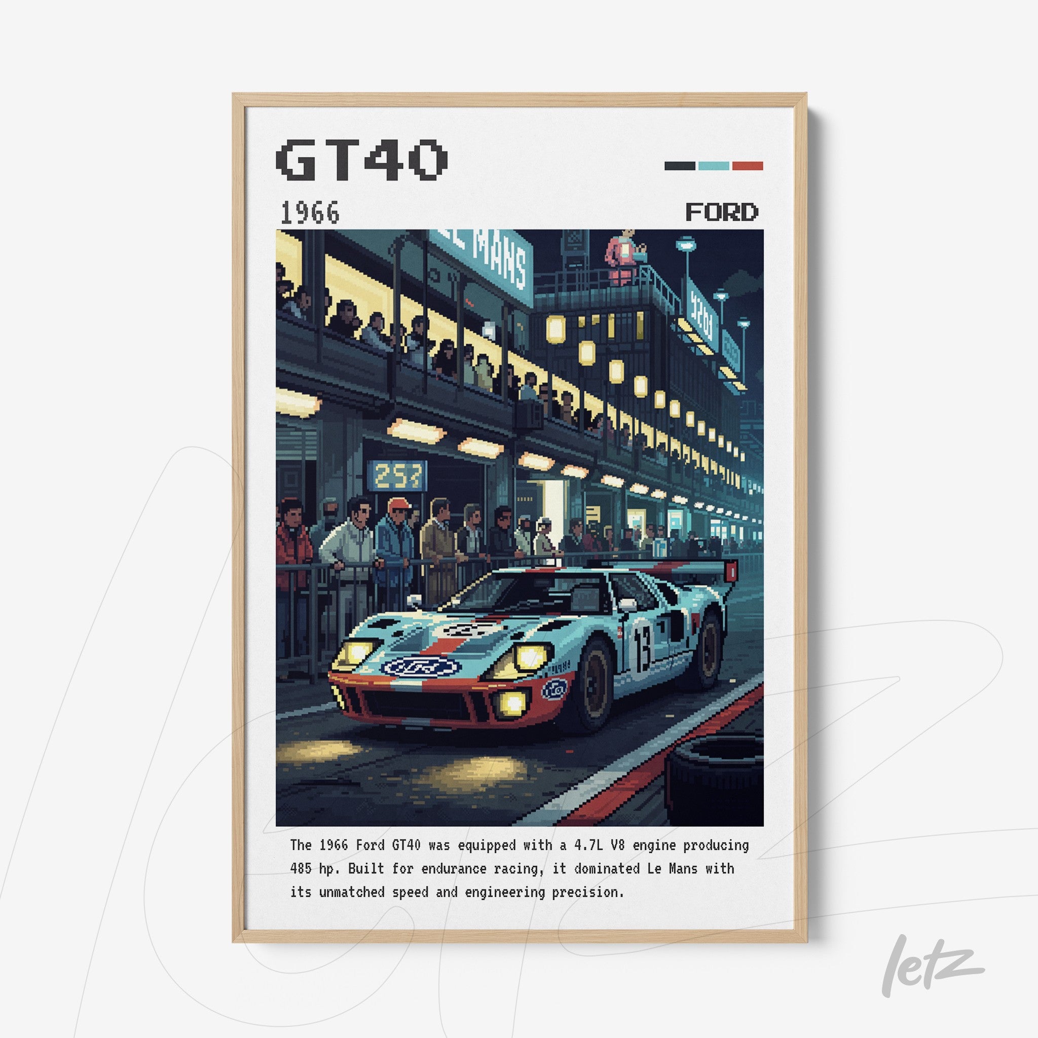 quadro com arte digital do carro de corrida Ford GT40 em moldura de madeira clara, com fundo que retrata uma corrida à noite e espectadores animados