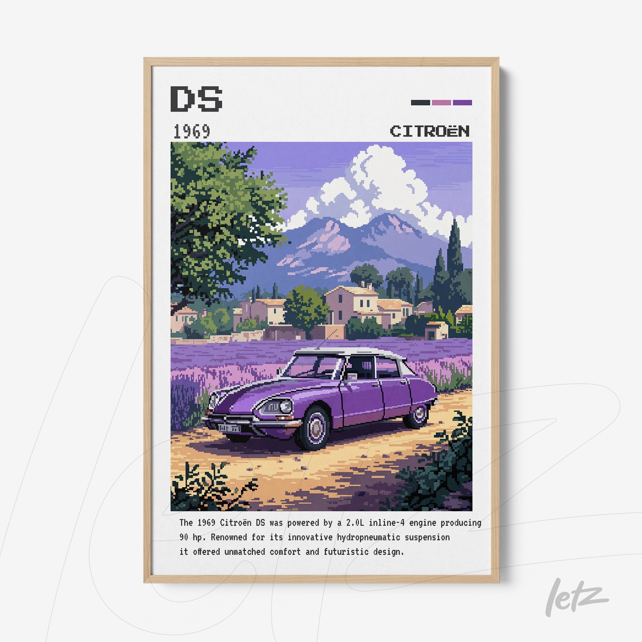 quadro emoldurado com ilustração do carro Citroën DS de 1969 em um cenário rural com montanhas e lavanda ao fundo