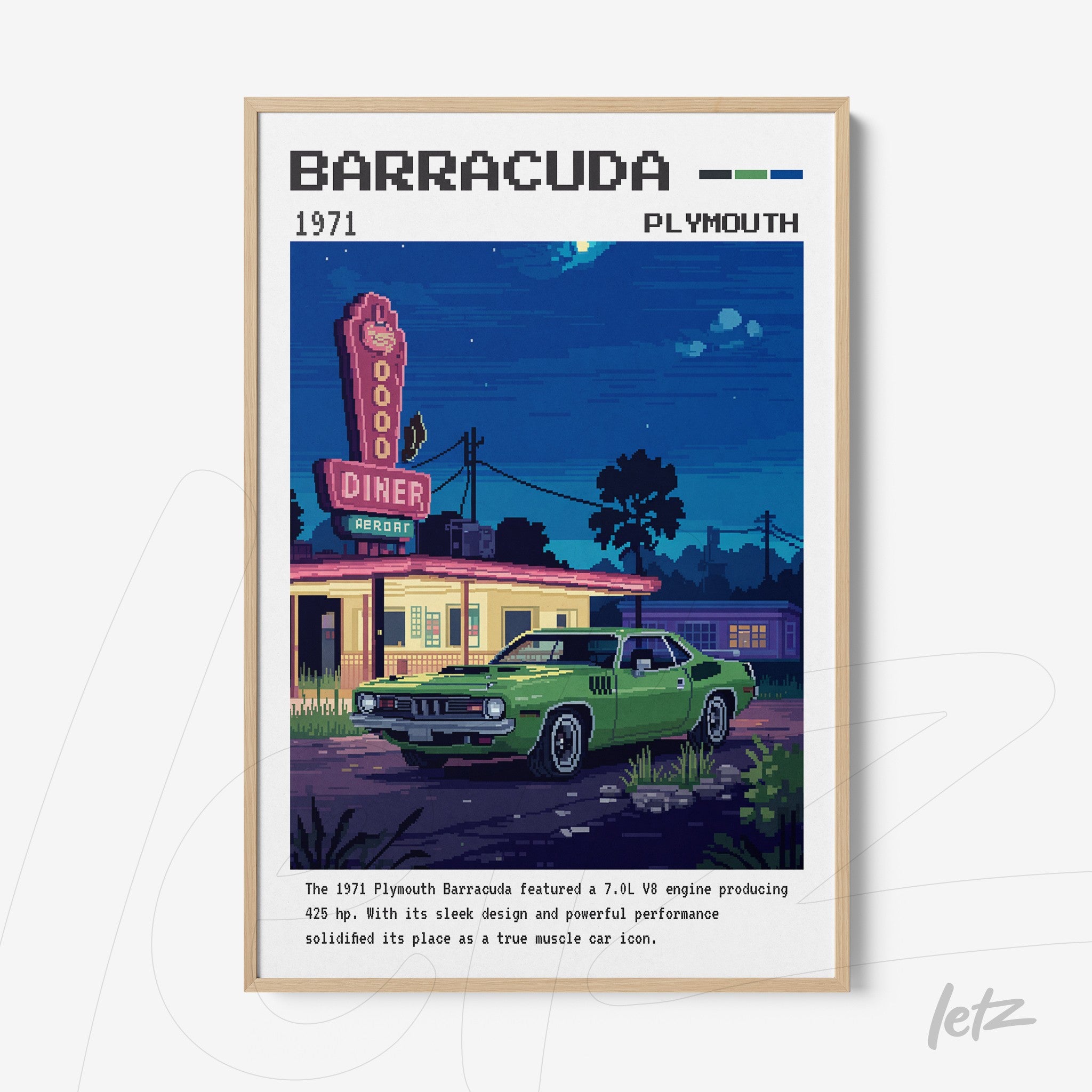 quadro com arte digital de um carro Plymouth Barracuda verde em frente a um diner, com texto descritivo