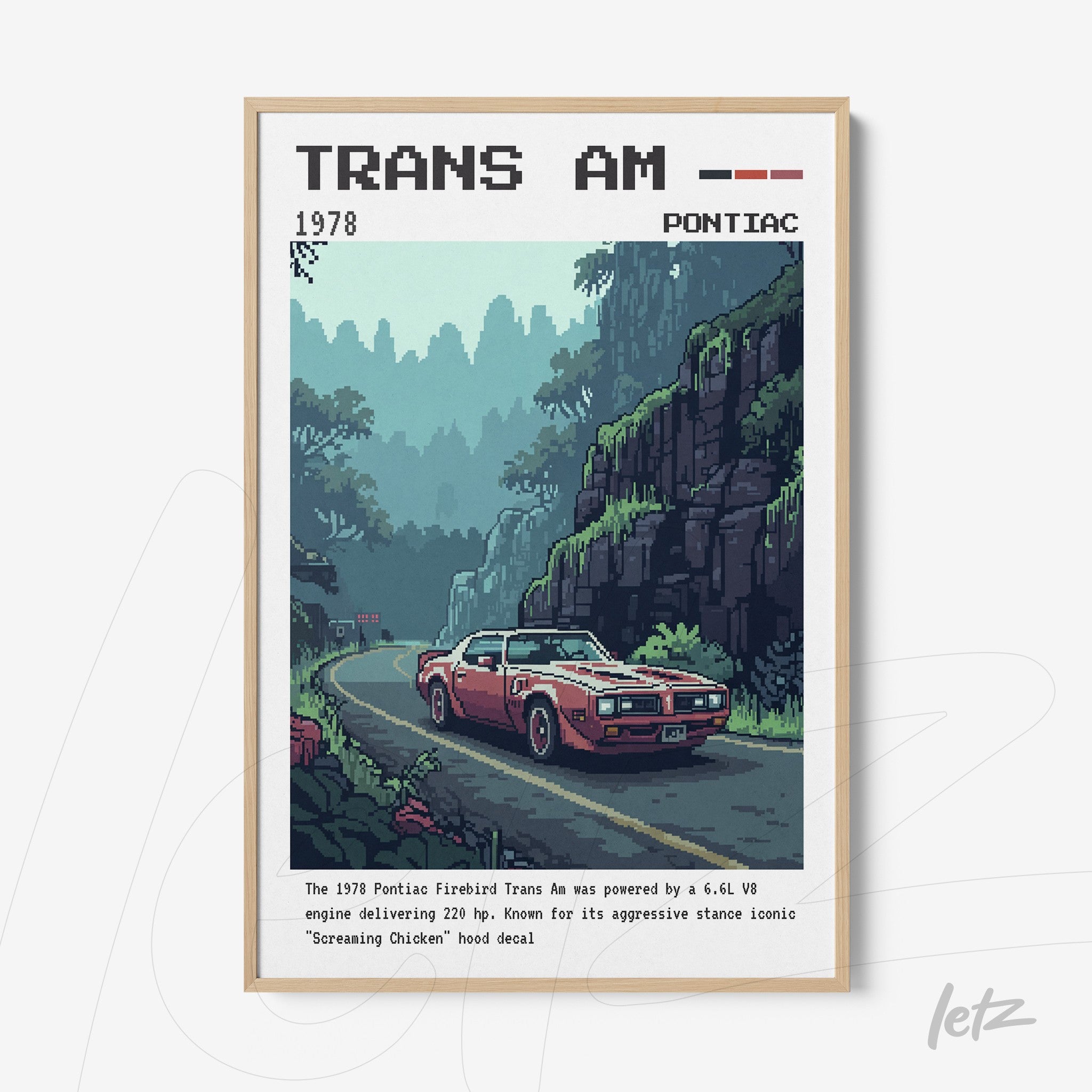 quadro com arte retrô do carro Pontiac Trans Am em uma estrada rodeada por montanhas verdes, moldura clara