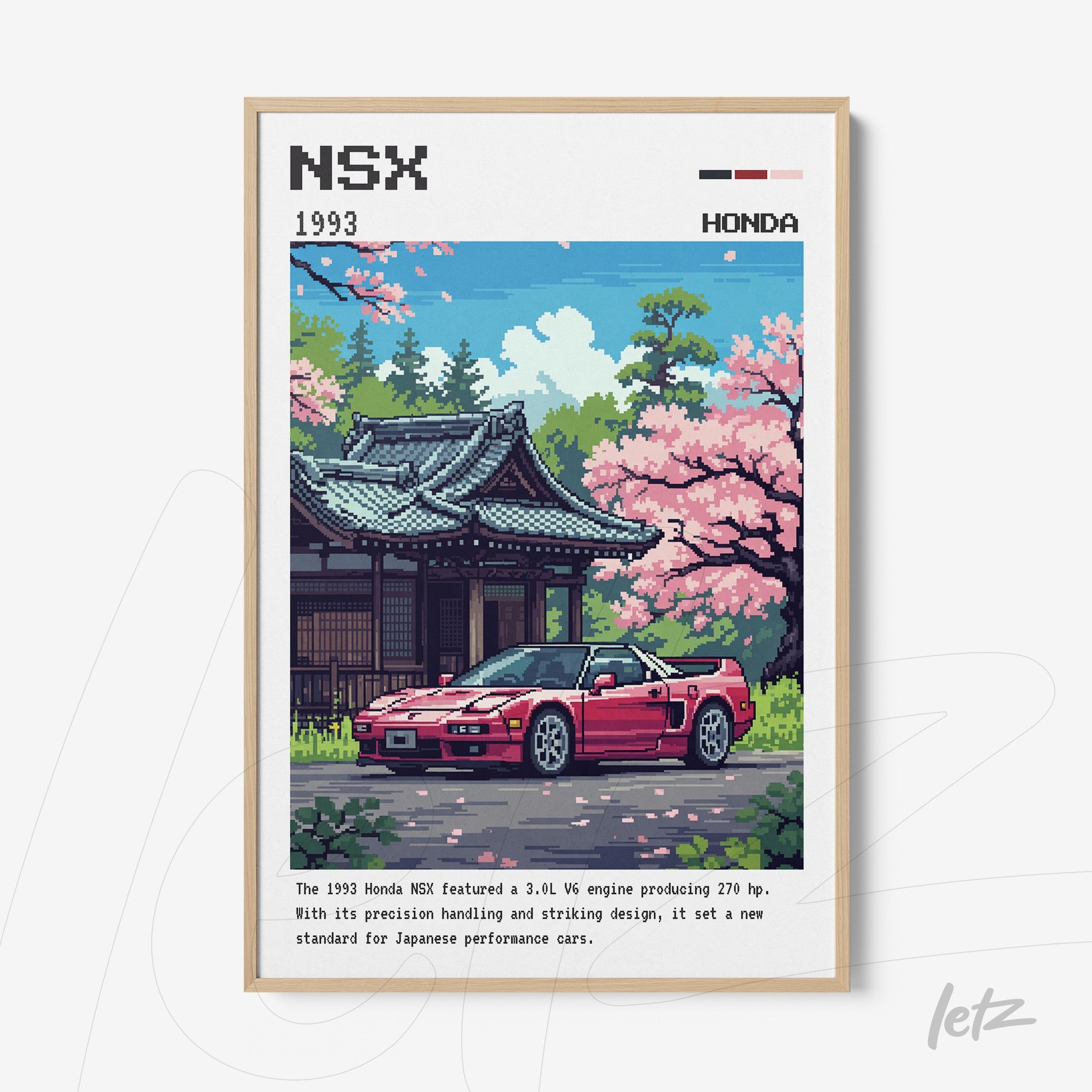 quadro com arte pixelada do carro Honda NSX 1993 em frente a um templo japonês com flores de cerejeira