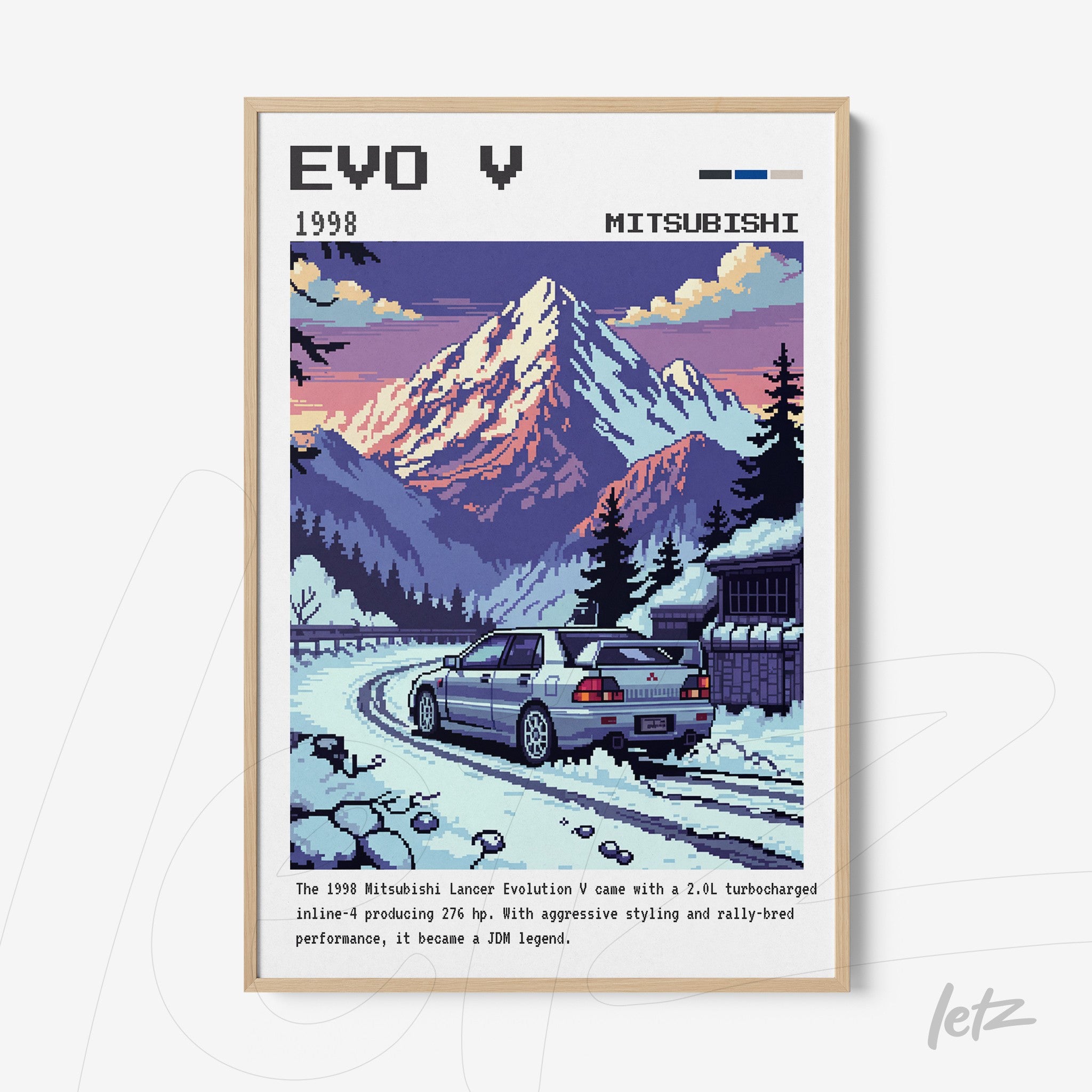 quadro em estilo pixel art do Mitsubishi Lancer Evolution V de 1998 em uma estrada montanhosa com fundo de montanhas ao pôr do sol, moldura de madeira clara