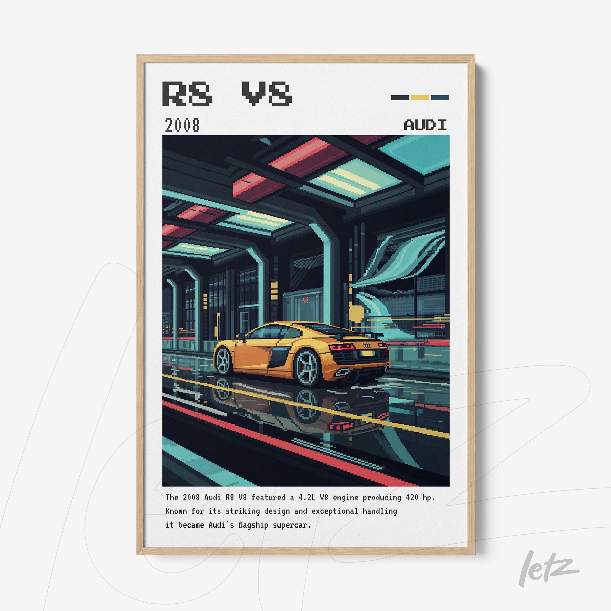 quadro com arte digital de carro esportivo Audi R8 em moldura clara