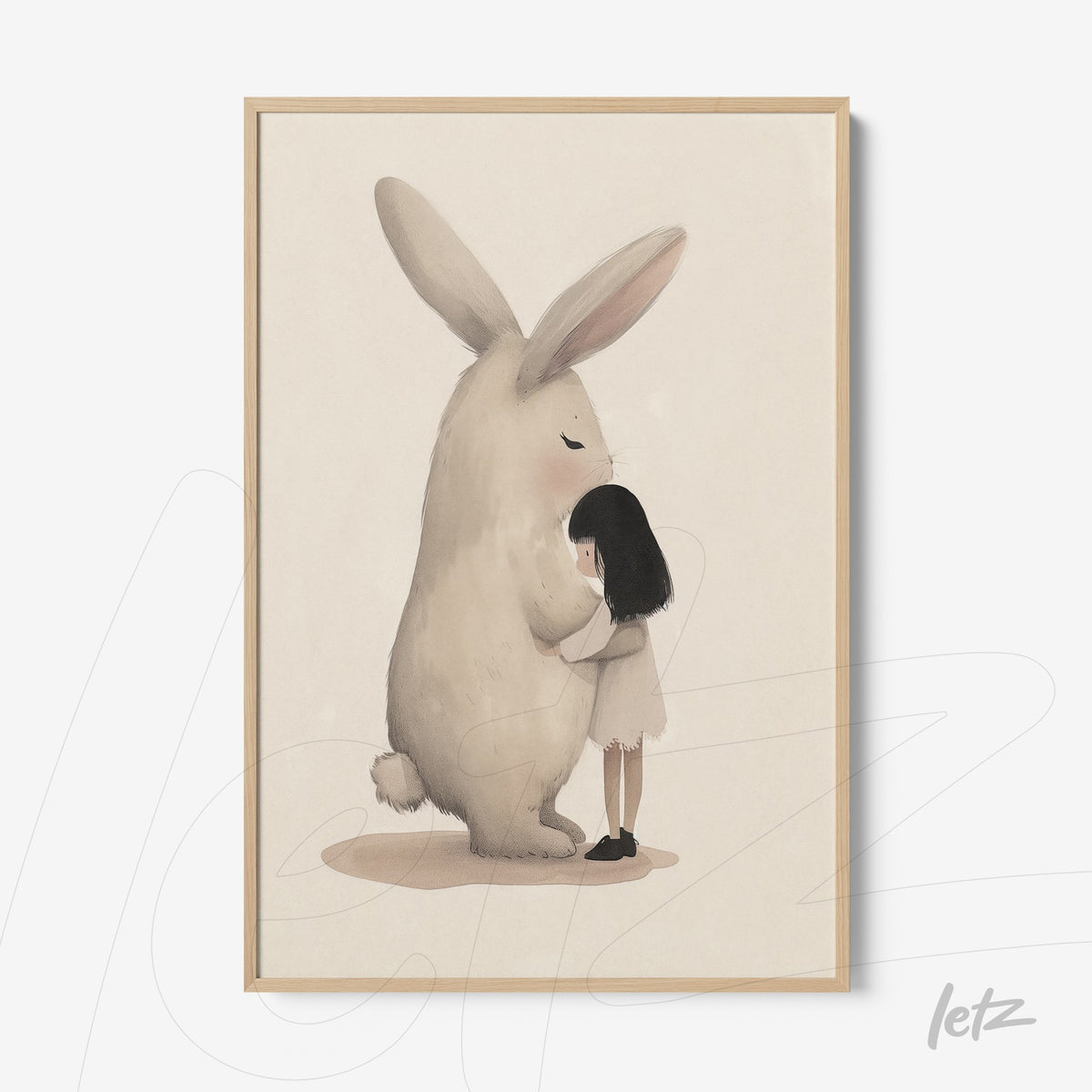 quadro com ilustração suave de uma menina abraçando um coelho gigante em moldura clara