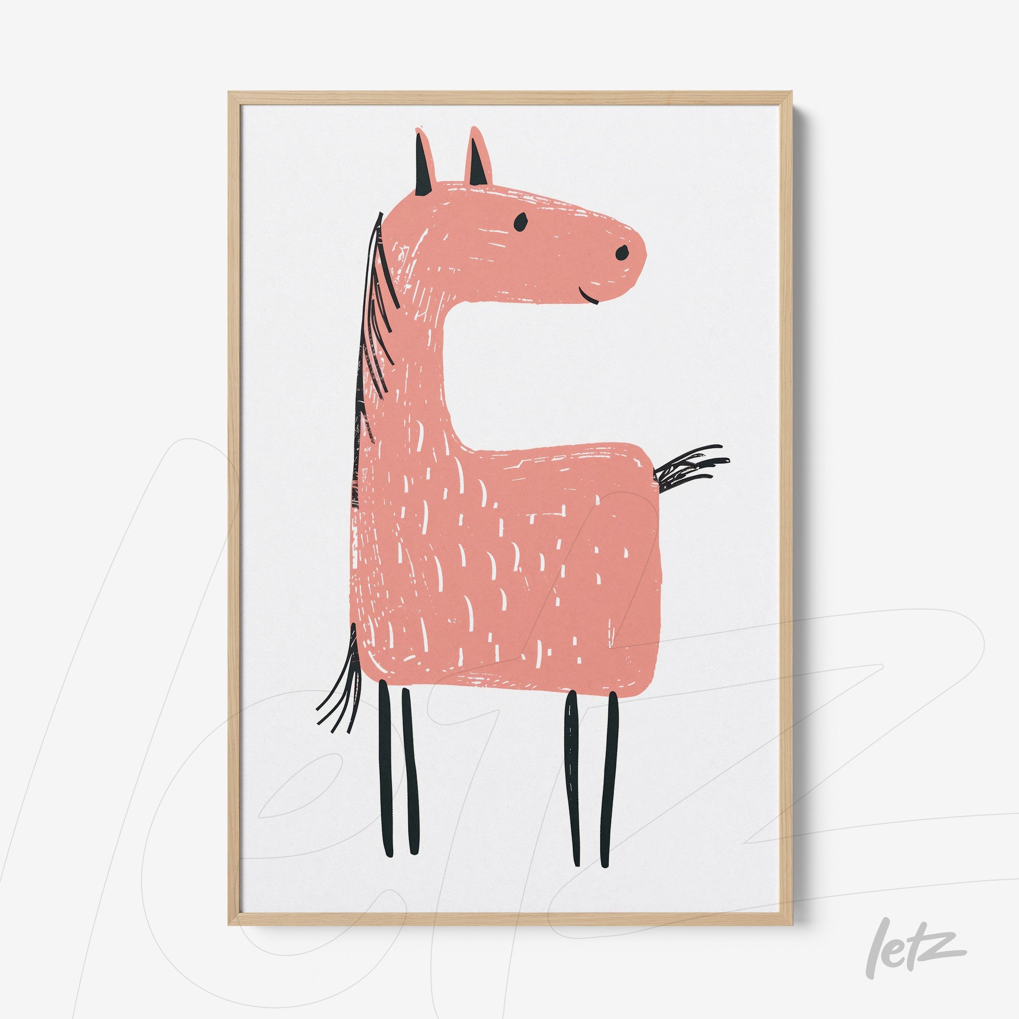 quadro com ilustração de cavalo rosa de traços simples em moldura clara