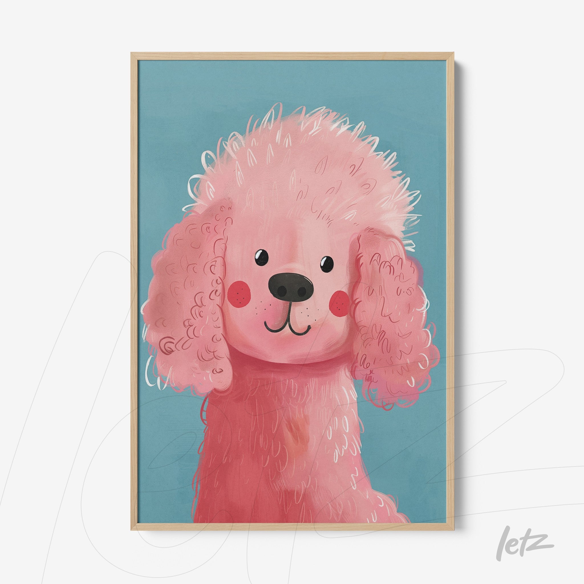quadro com ilustração de um poodle rosa sobre fundo azul em moldura de madeira clara