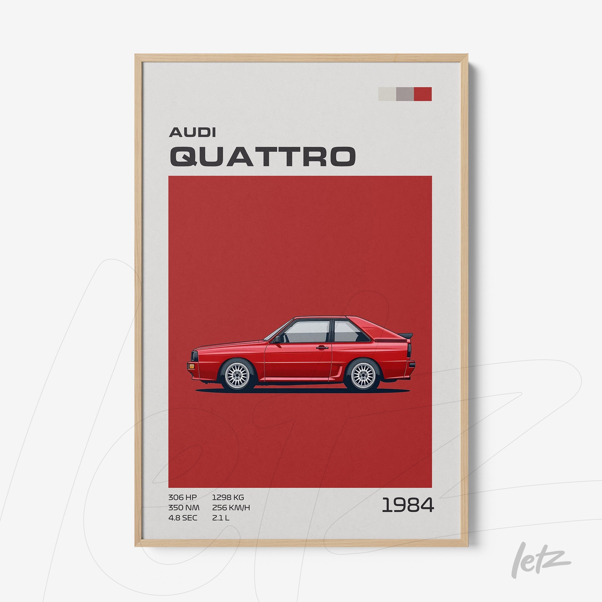 quadro emoldurado com ilustração do carro Audi Quattro de 1984 sobre fundo vermelho