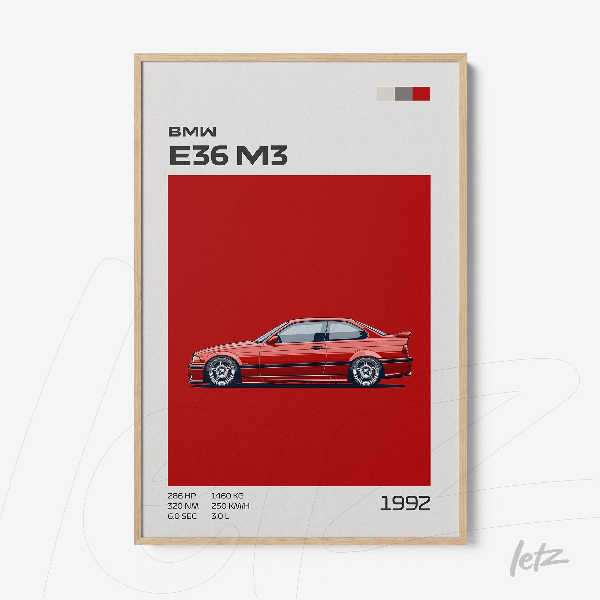 quadro com ilustração do carro BMW E36 M3 em fundo vermelho e moldura de madeira clara