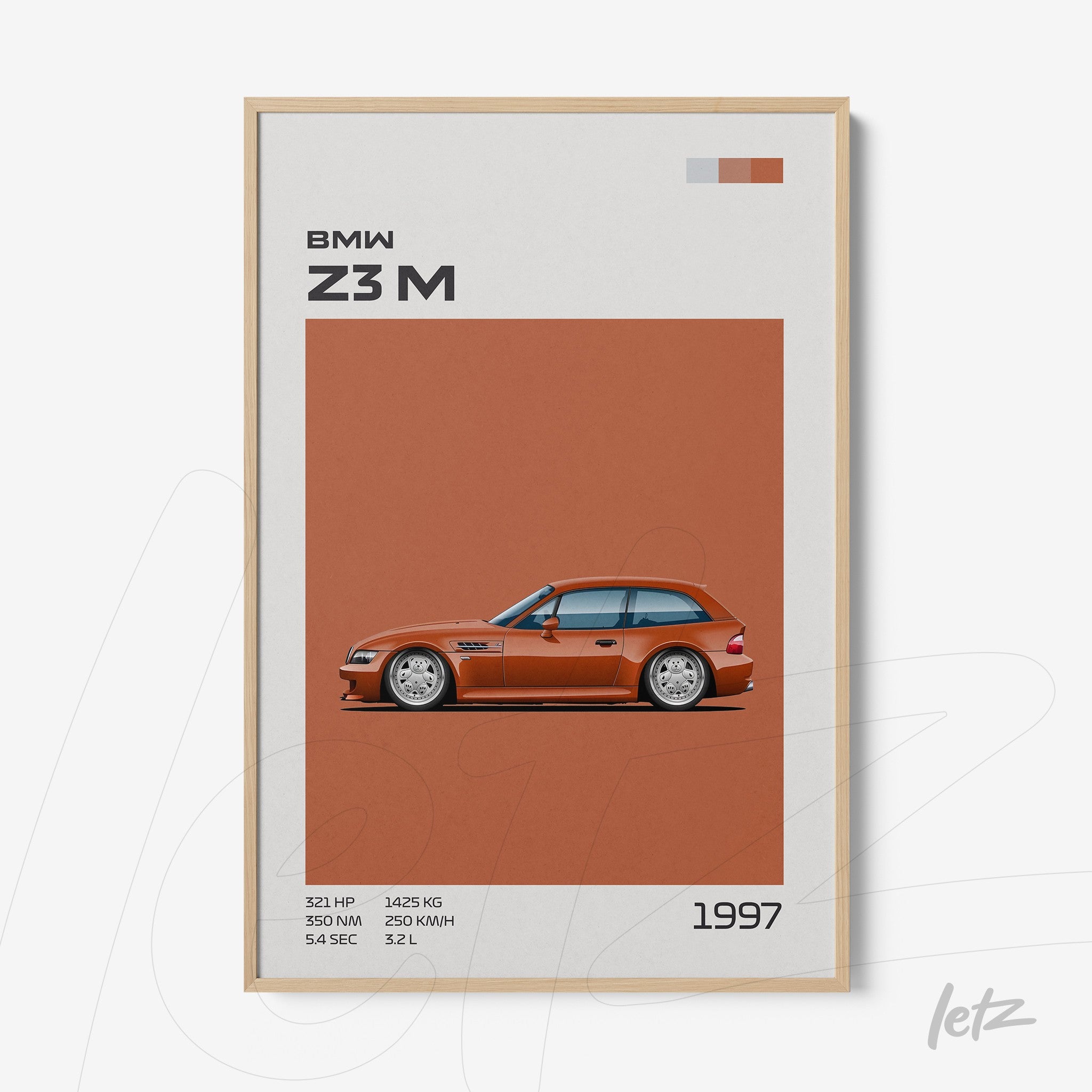 quadro com ilustração do carro BMW Z3 M de 1997 emoldurado com moldura de madeira clara