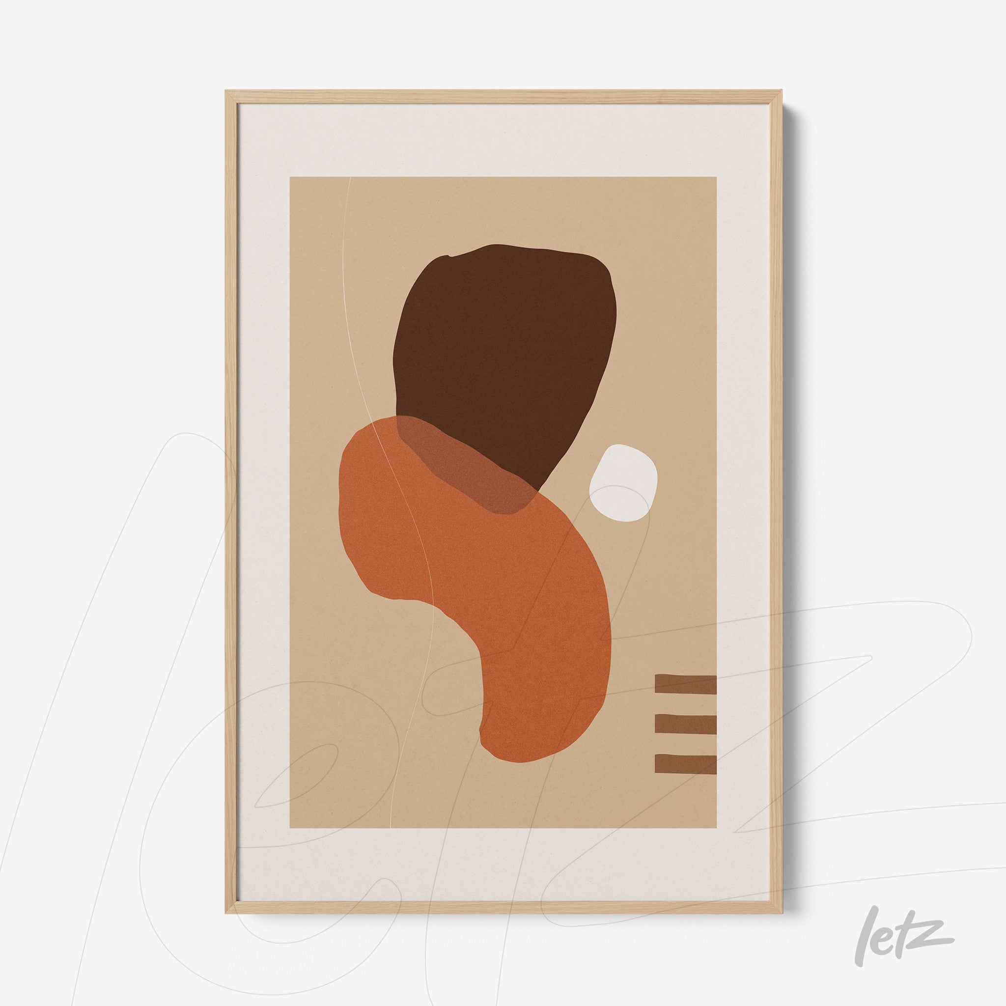 quadro com arte abstrata em tons de marrom e terracota com moldura de madeira clara