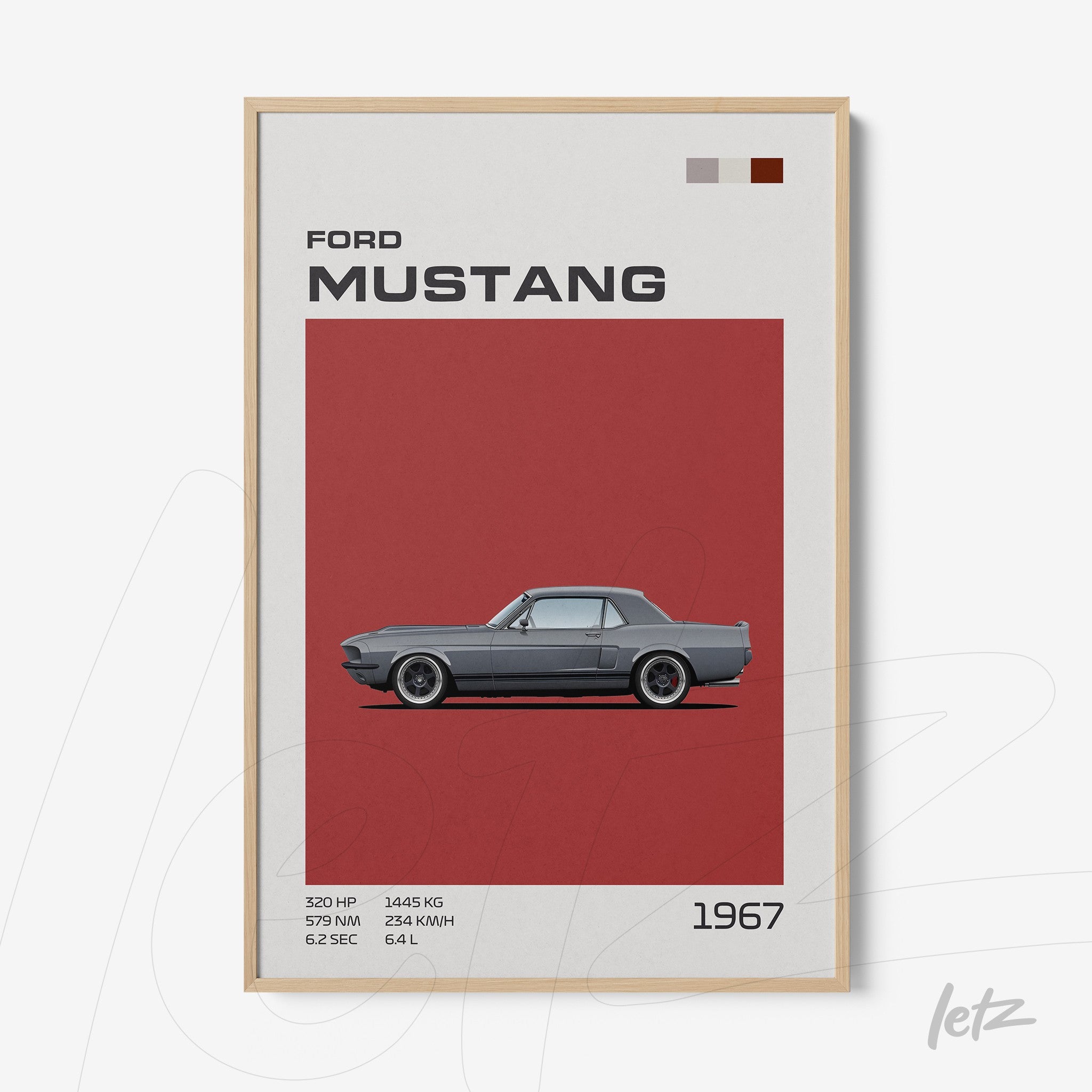quadro com arte digital do carro Ford Mustang 1967 em moldura de madeira clara com fundo vermelho