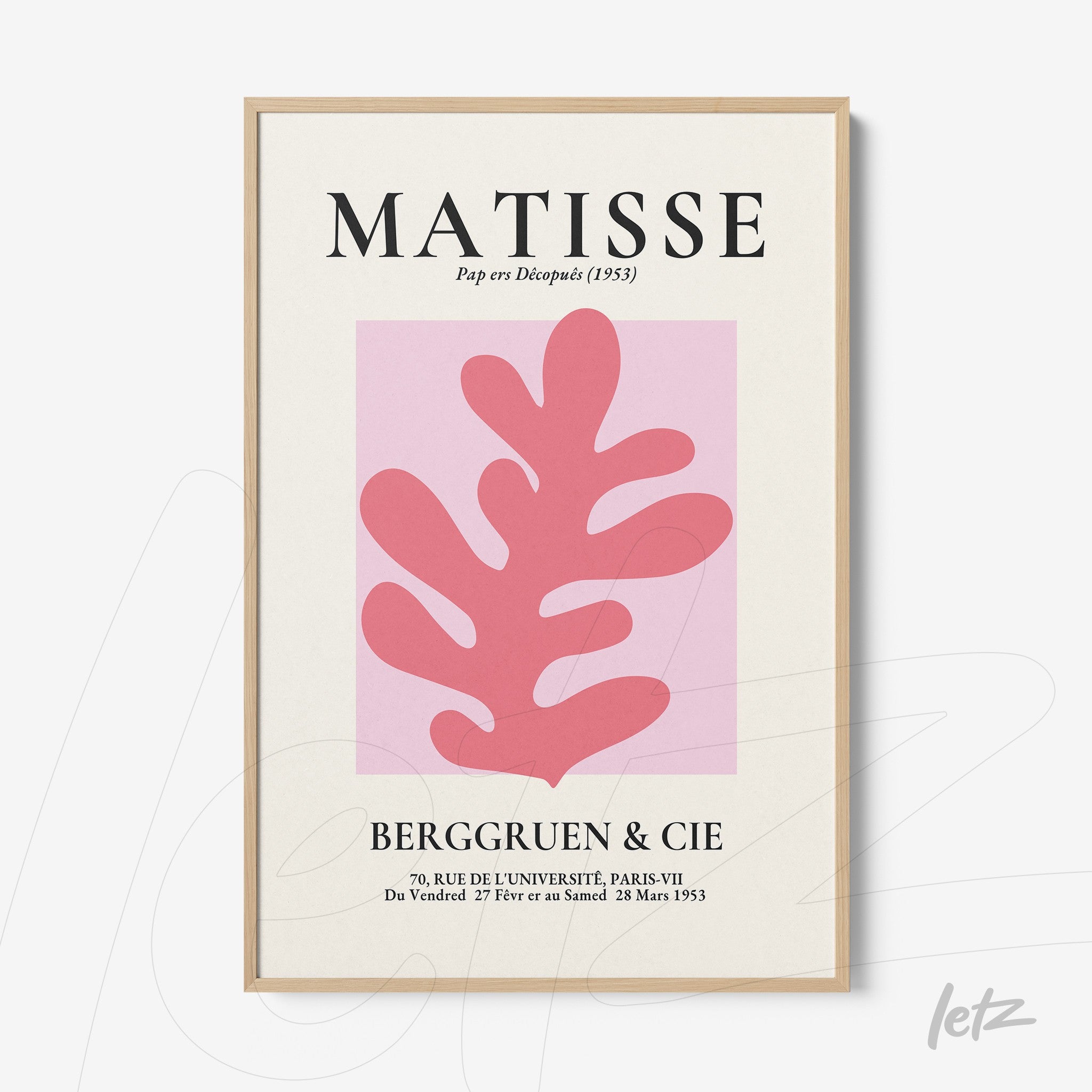 quadro no estilo moderno com fundo claro, apresentando folhagem abstrata em rosa e texto em letras grandes na parte superior