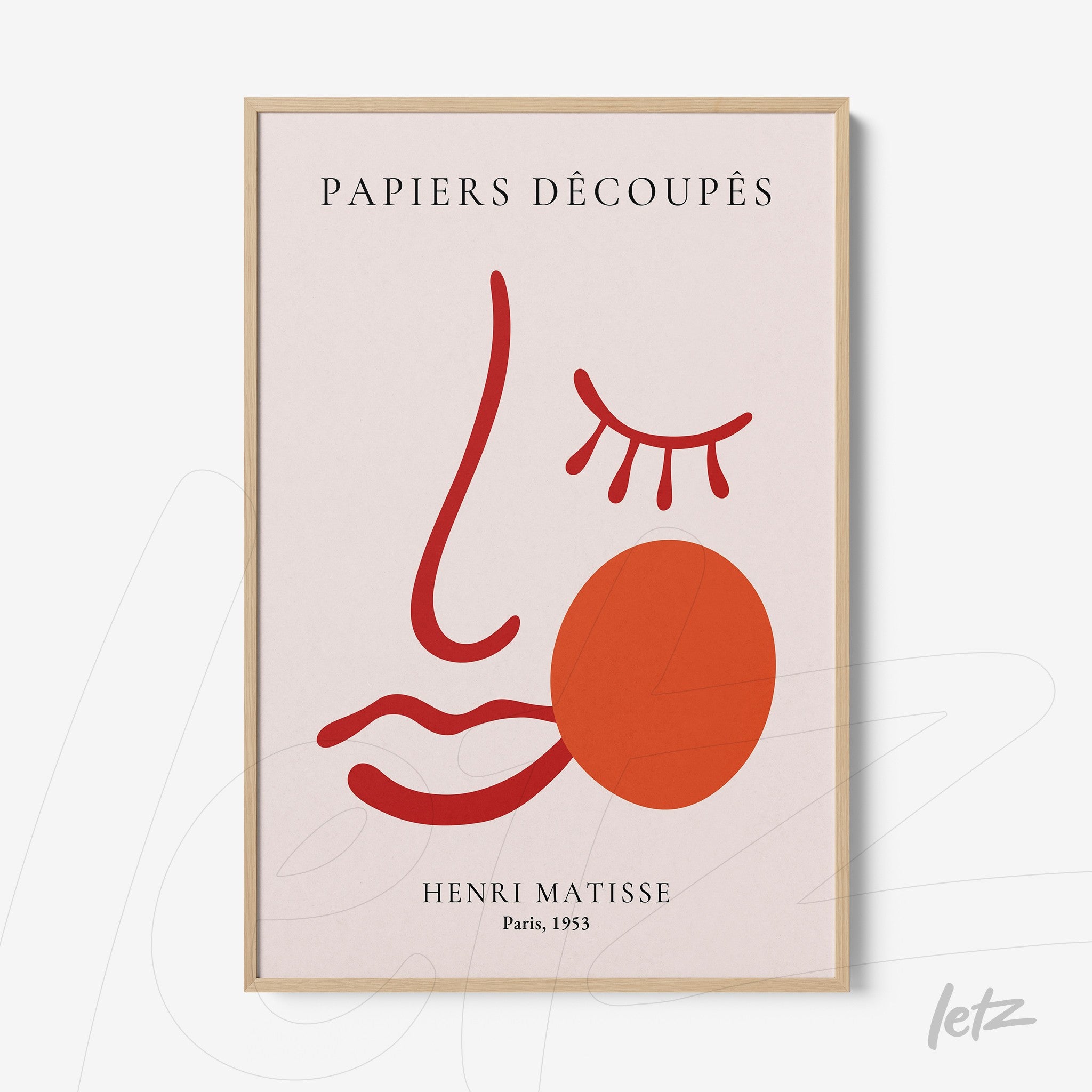 quadro com arte moderna de Matisse com formas geométricas e cores vibrantes em moldura de madeira clara