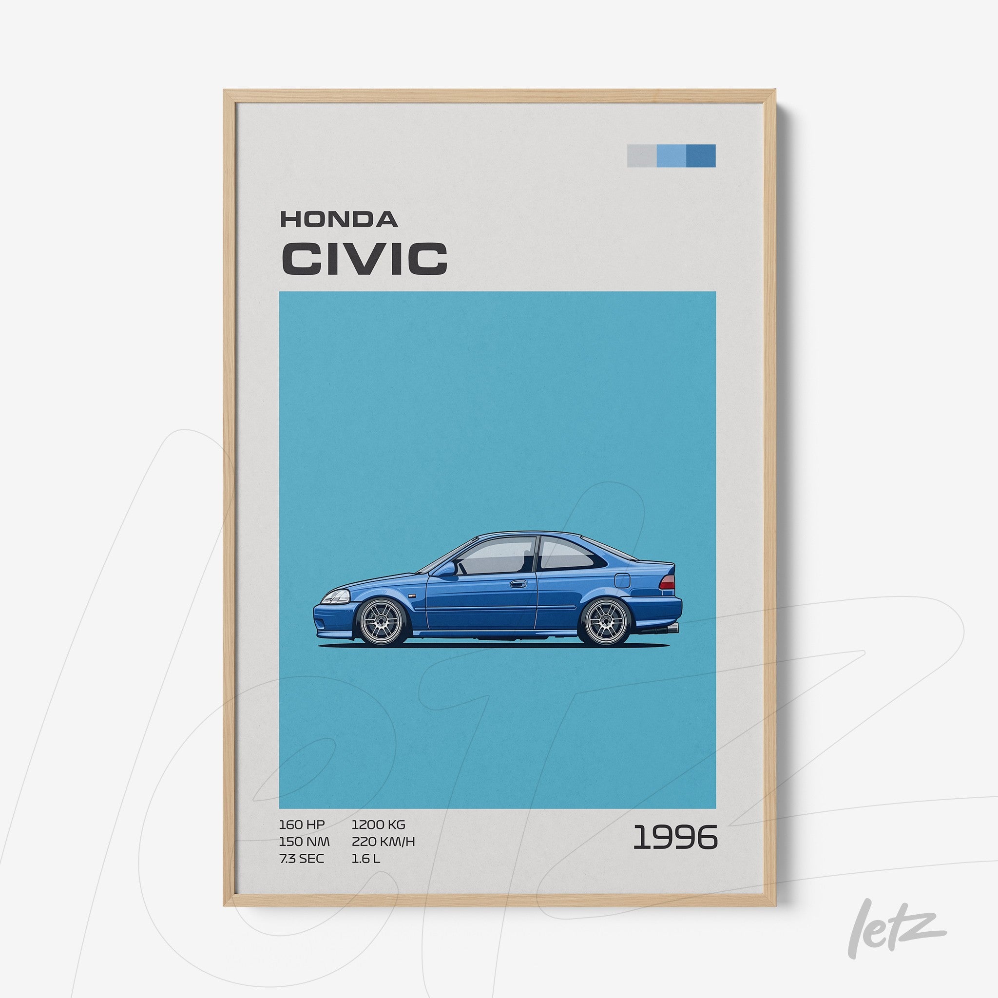 quadro com ilustração de um Honda Civic azul de 1996 em moldura clara com fundo azul