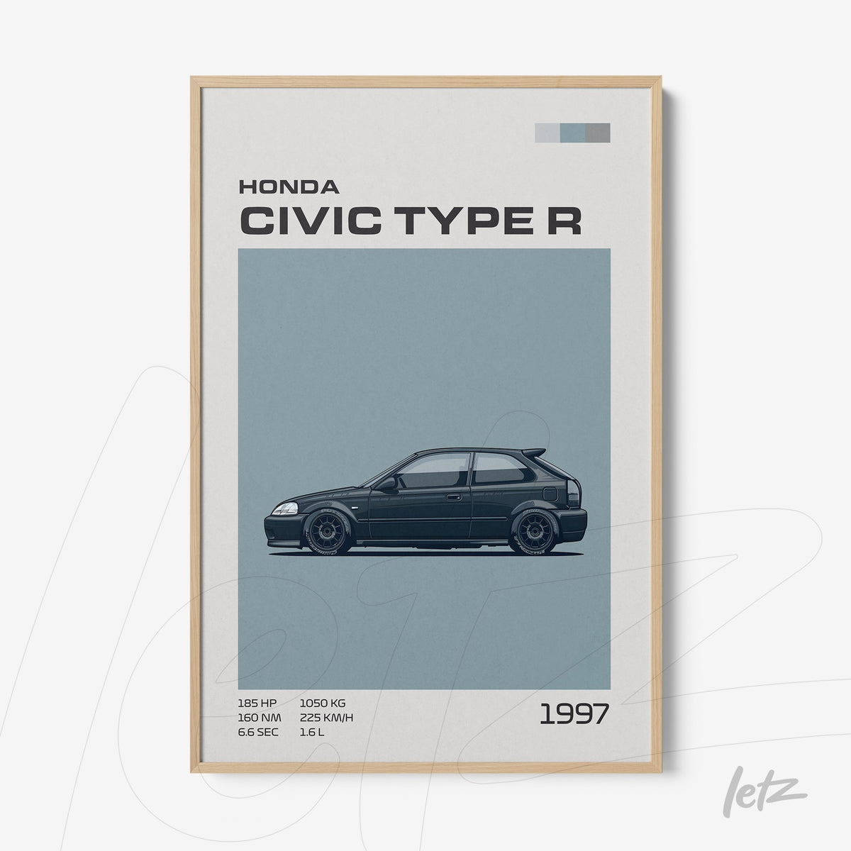 quadro com arte minimalista do carro Honda Civic Type R de 1997, em moldura de madeira clara com fundo cinza