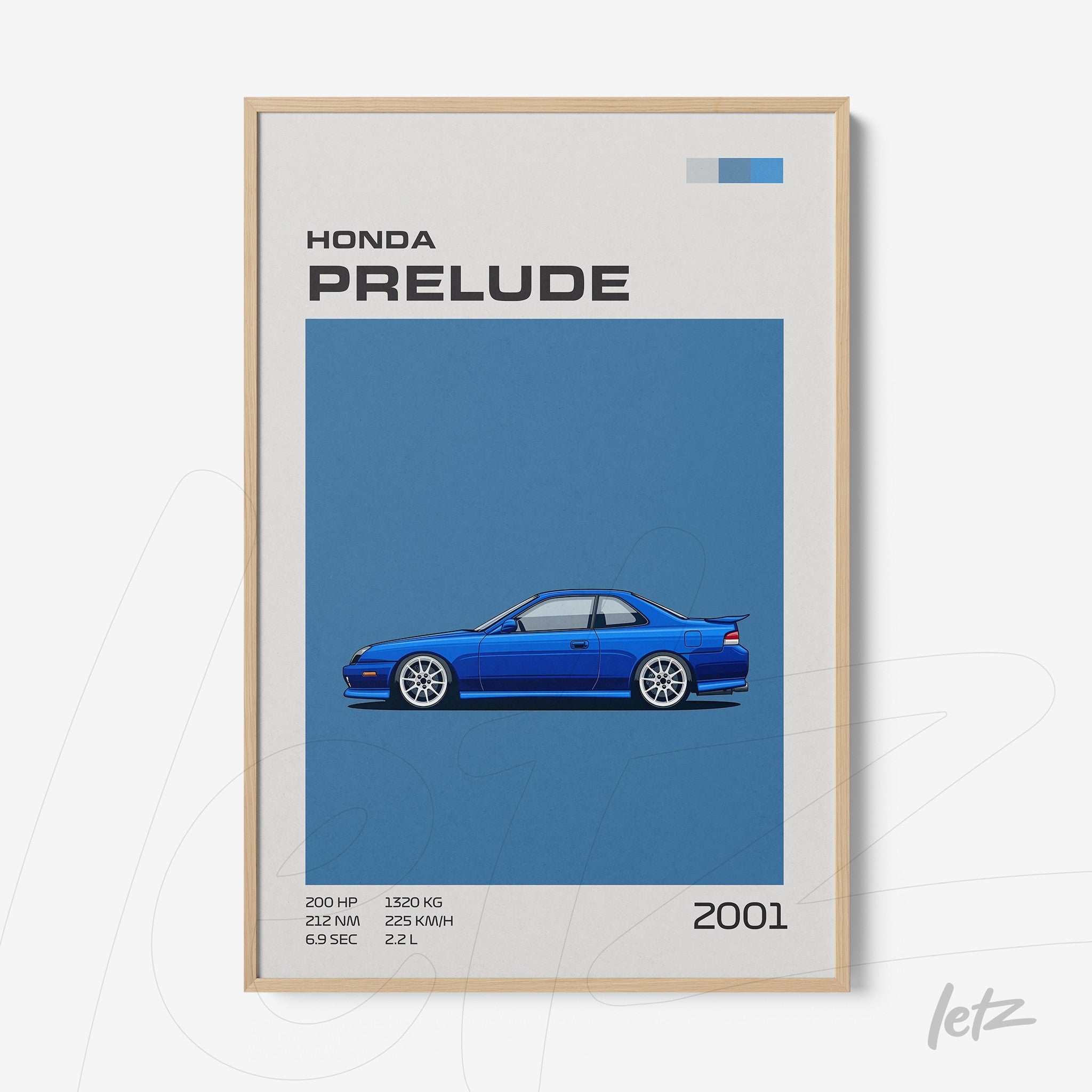 quadro com ilustração do carro Honda Prelude 2001 em fundo azul e moldura de madeira clara