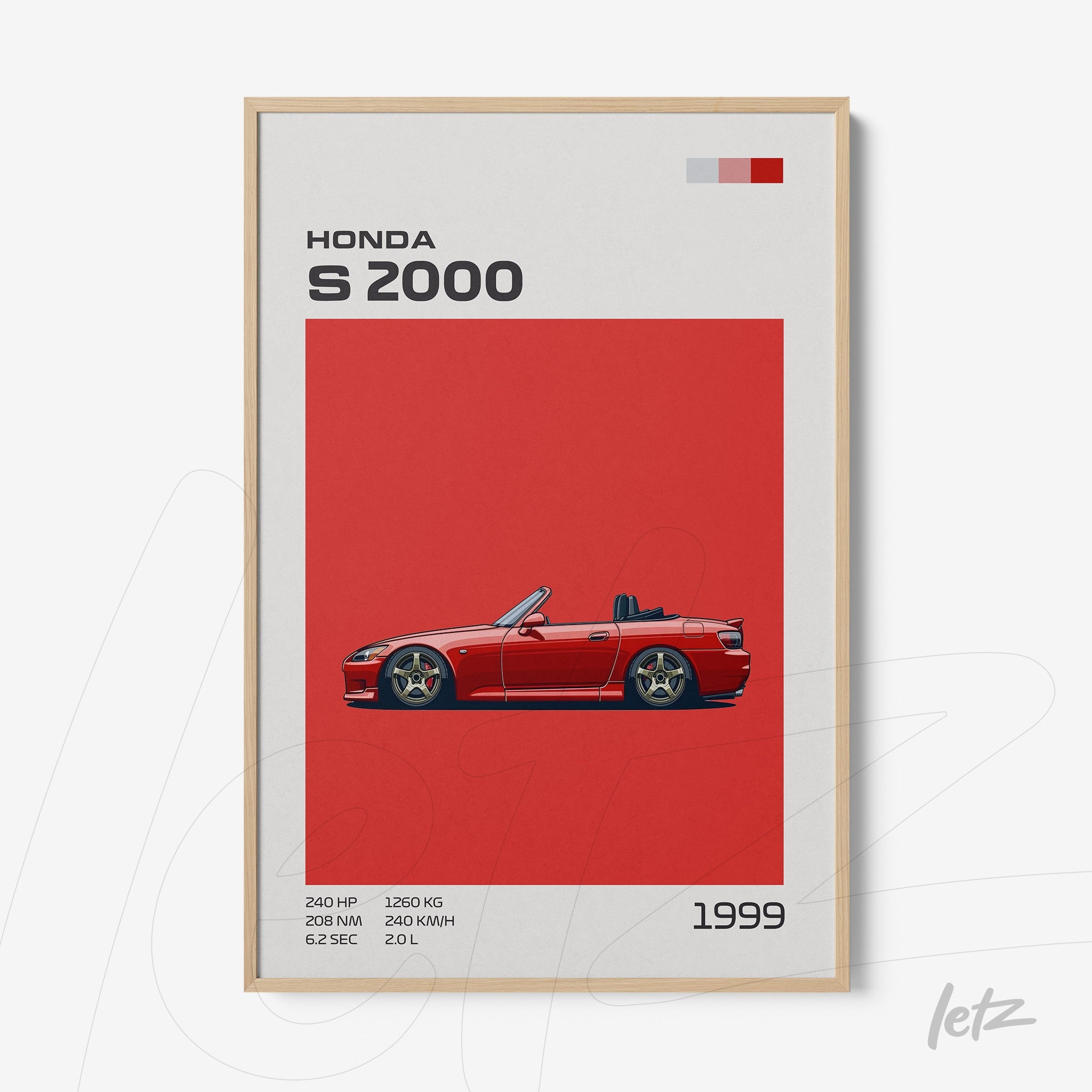 quadro emoldurado com ilustração do carro Honda S2000 em fundo vermelho, destacando especificações técnicas e ano de 1999