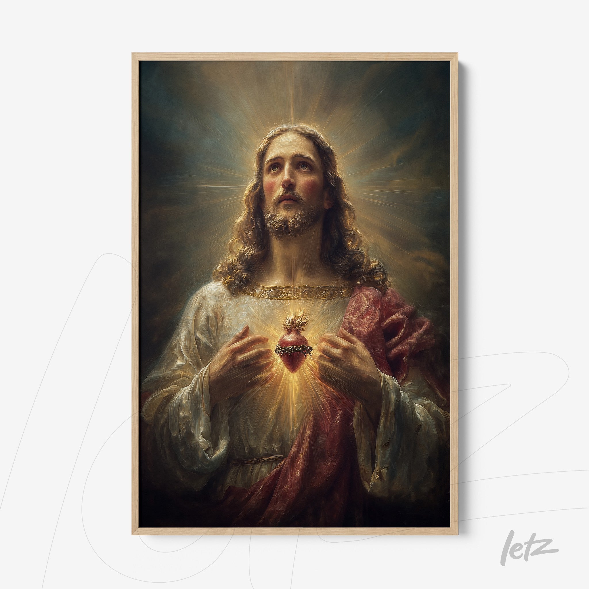 imagem de quadro emoldurado com a representação de Jesus Cristo, exibindo um coração iluminado e cercado por raios dourados, com fundo dramático e moldura de madeira clara