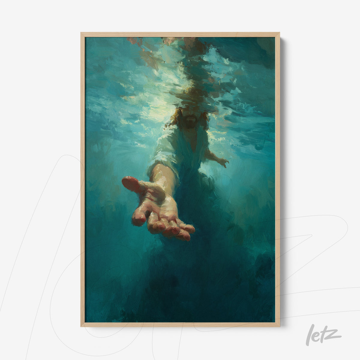 quadro com arte impressionista de mão se estendendo em direção à superfície da água, com moldura de madeira clara