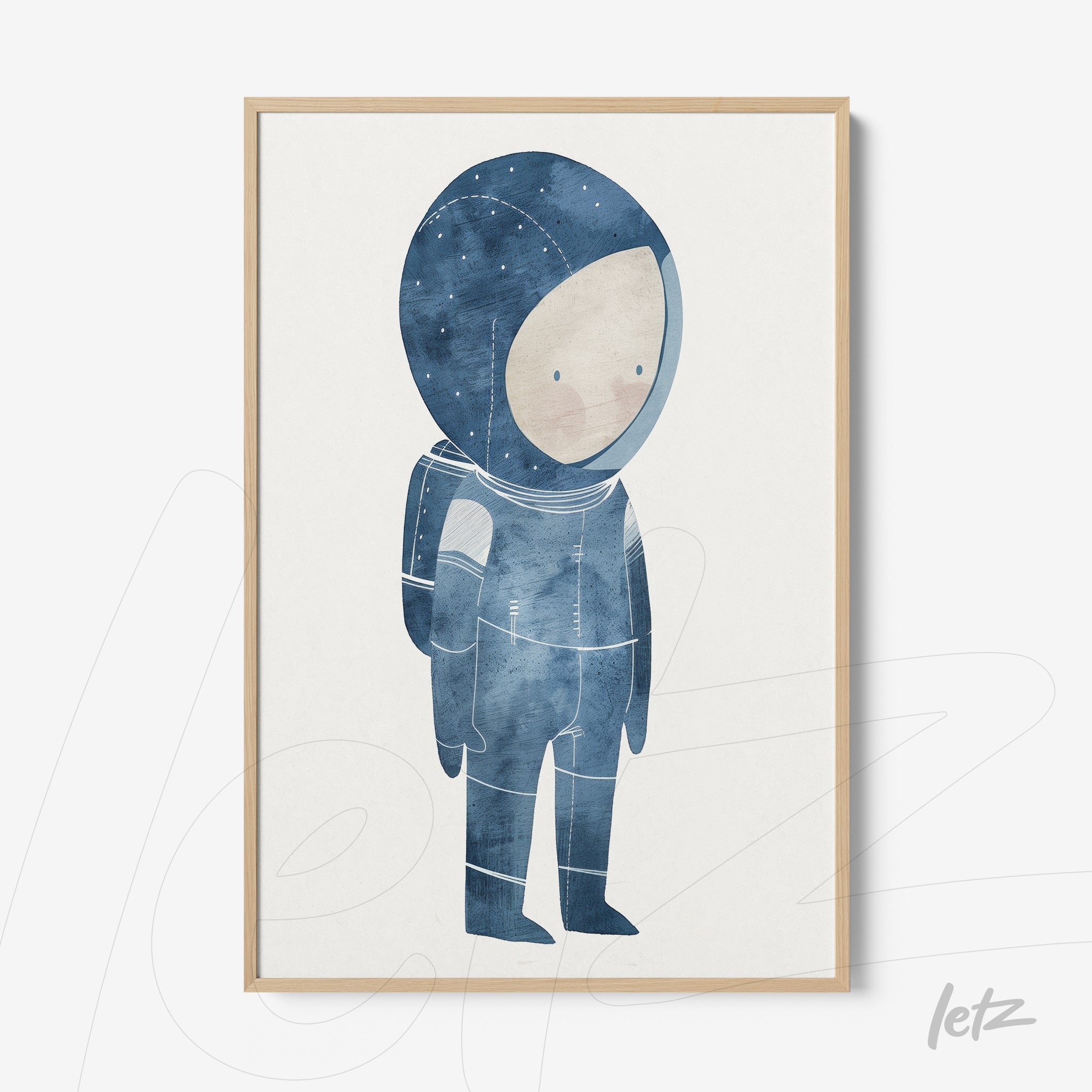 quadro com ilustração de um astronauta em tons de azul, com moldura de madeira clara