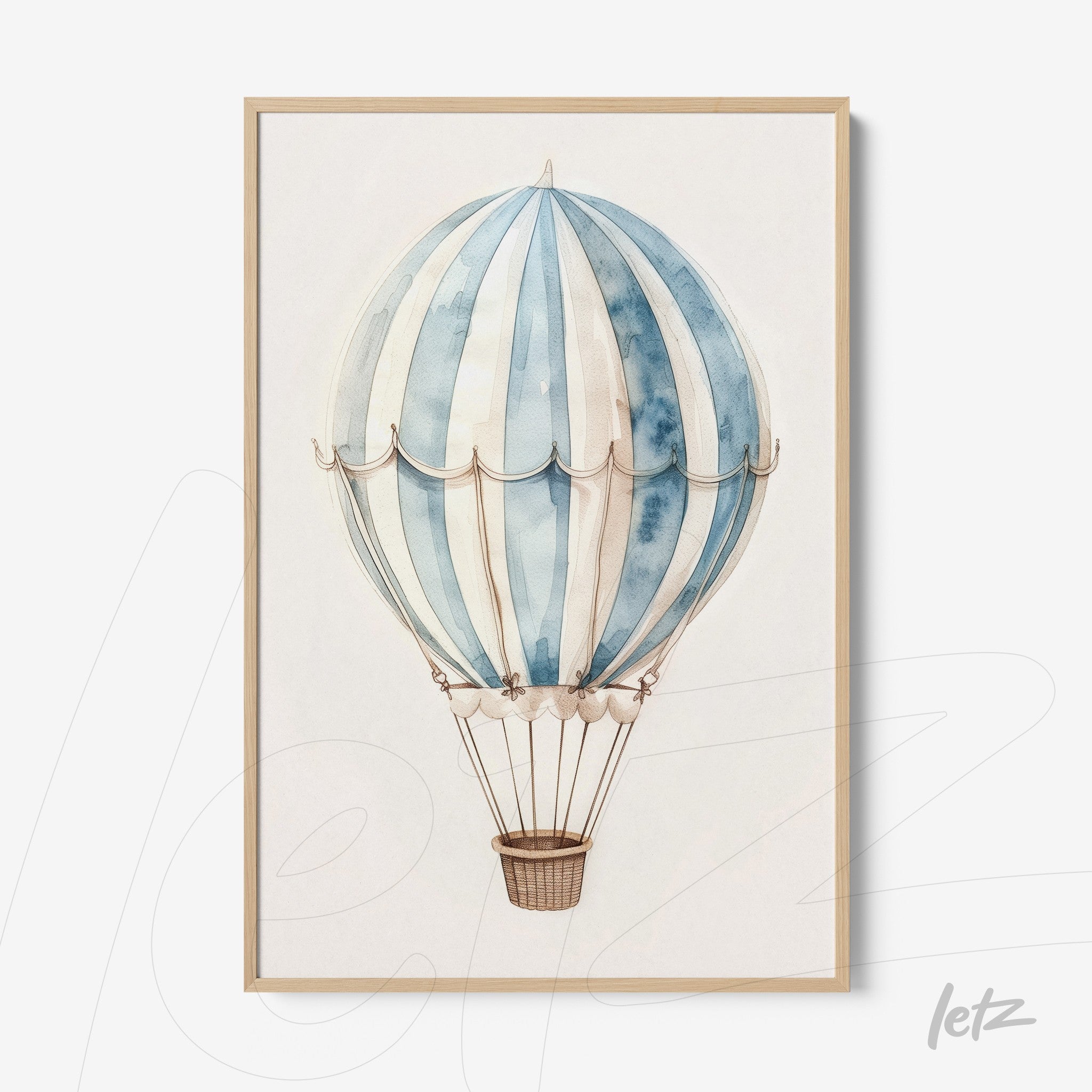 quadro com ilustração aquarela de balão de ar quente em moldura clara