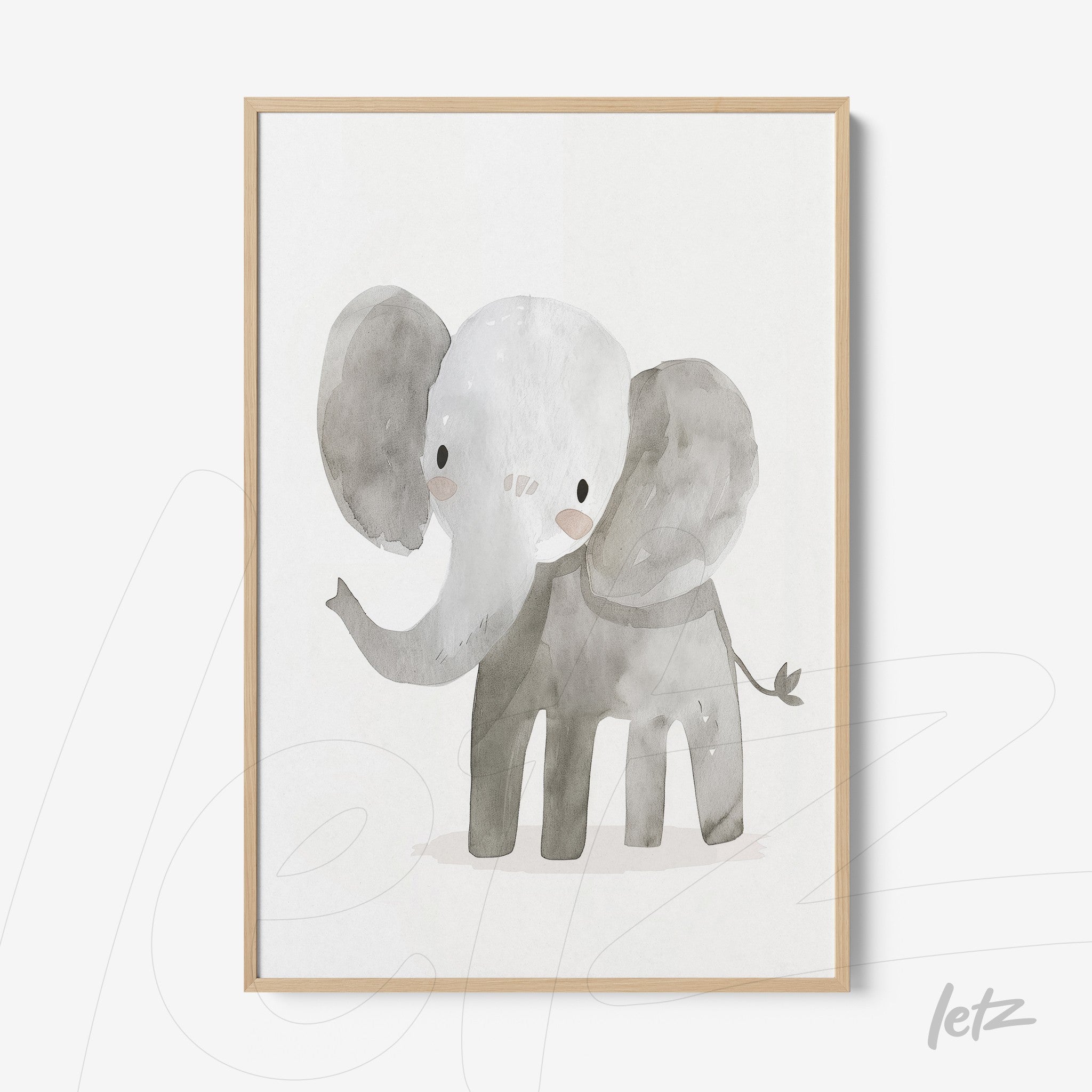 quadro em moldura clara com ilustração de elefante em aquarela, apresentando tons de cinza e branco